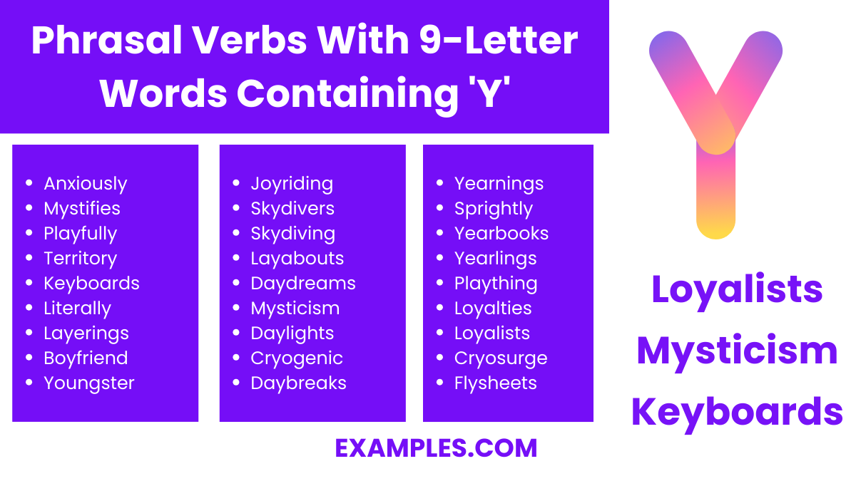 phrasal verbs with 9 letter words containing y
