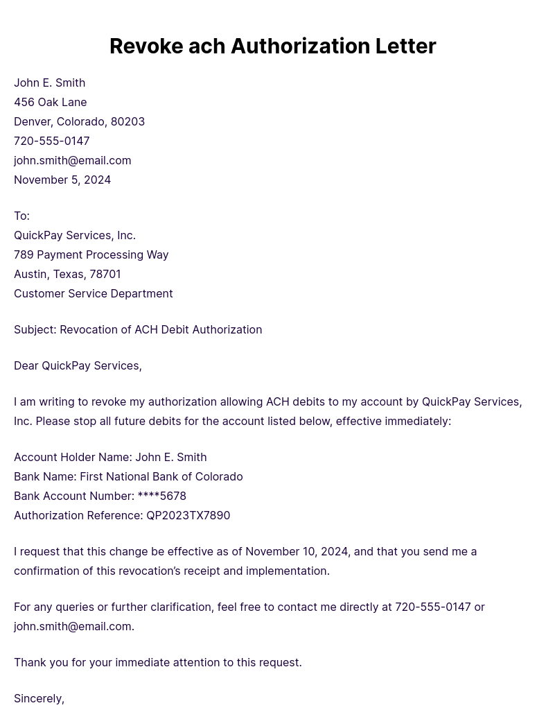 Revoke Ach Authorization Letter Edit Download 