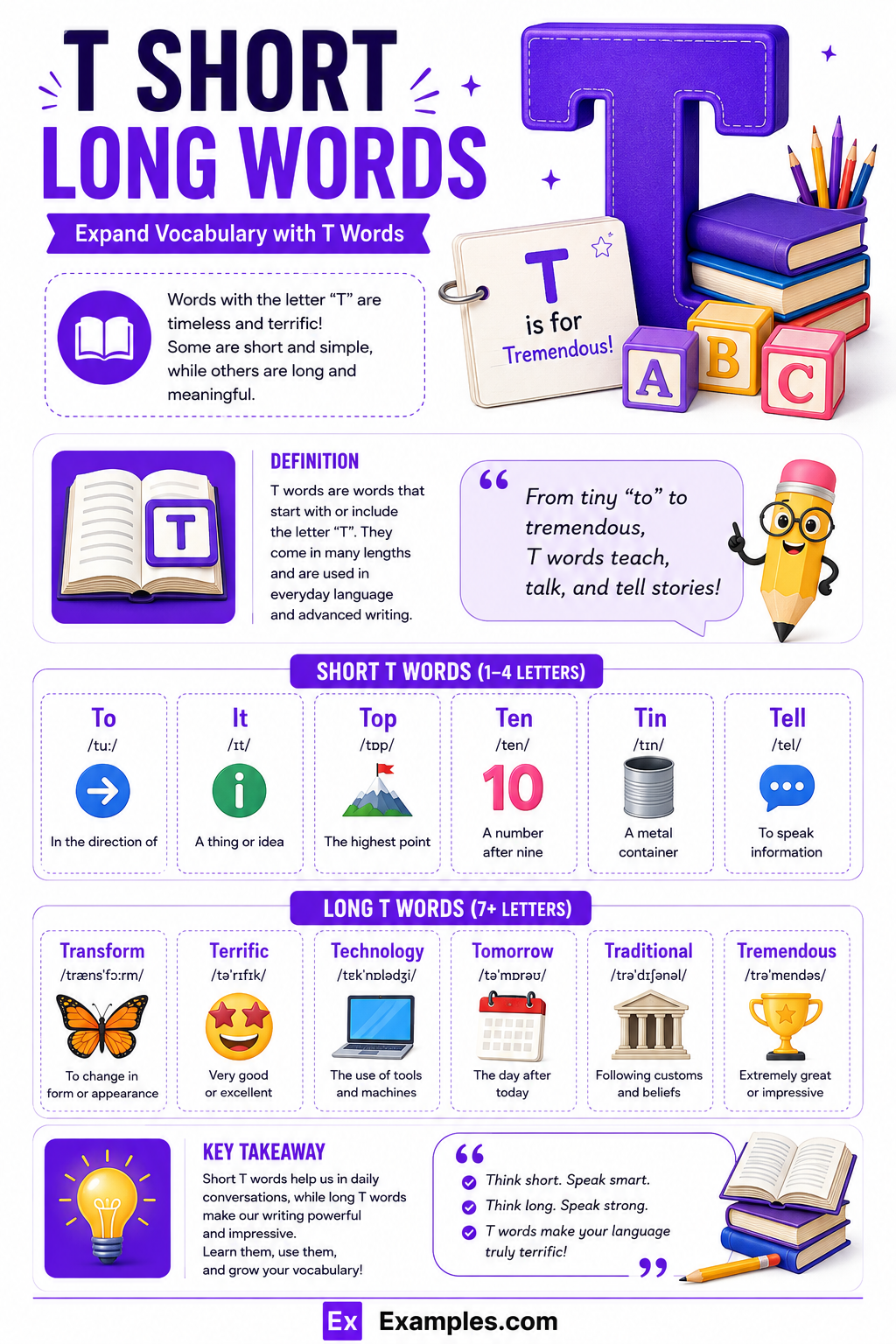 450+ T Short & Long Words List, Meaning, PDF