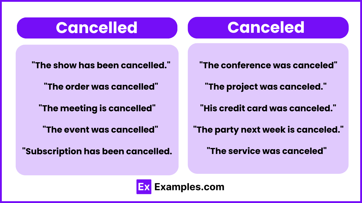 Cancelled and Canceled Examples