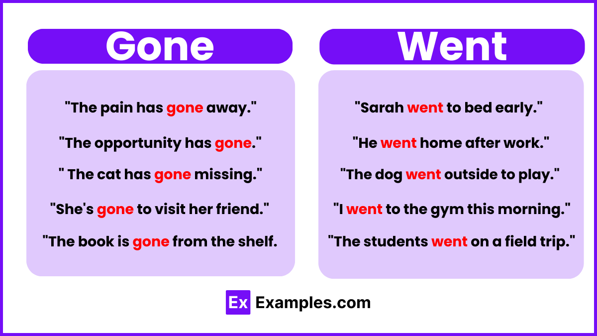 Gone vs Went Examples