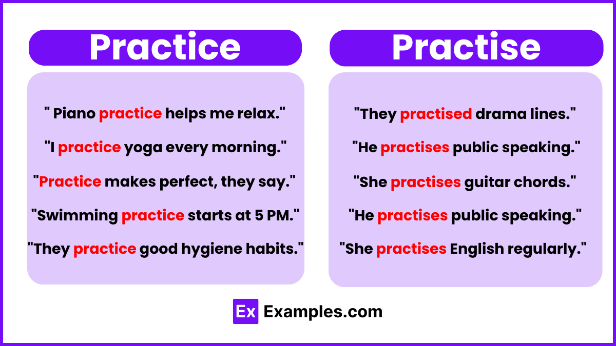 Practice vs Practise Examples