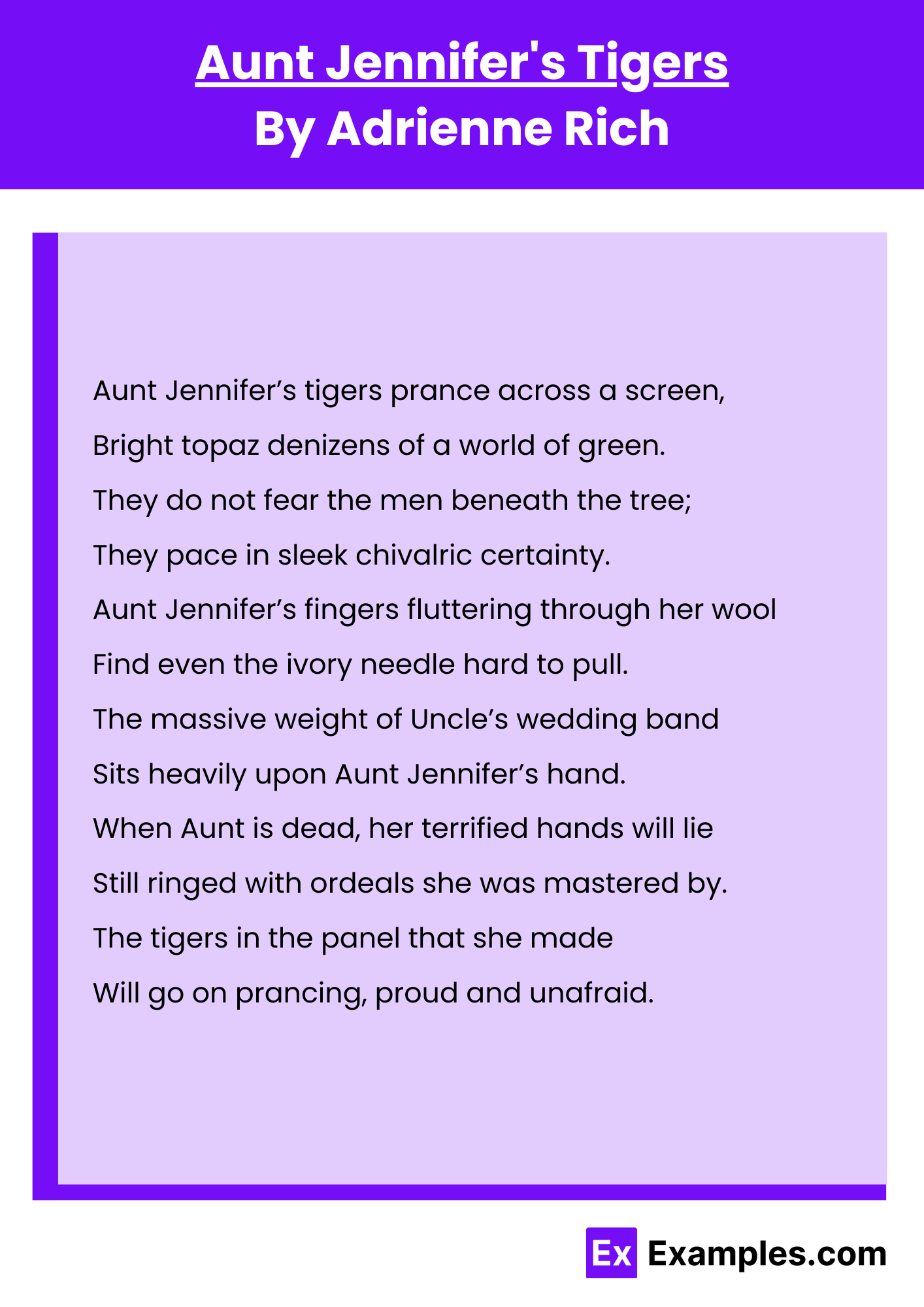 Aunt Jennifer's Tigers By Adrienne Rich