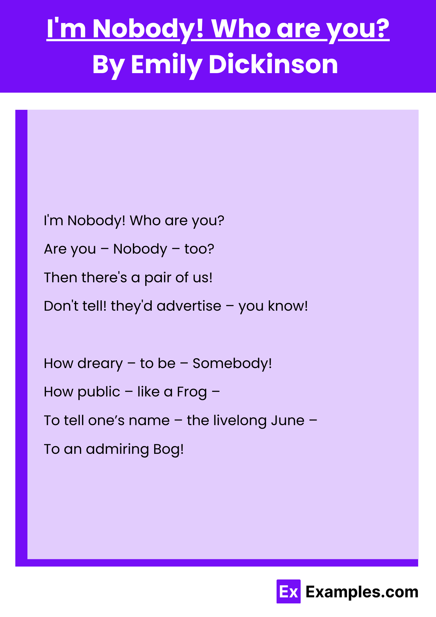 I'm Nobody! Who are you By Emily Dickinson