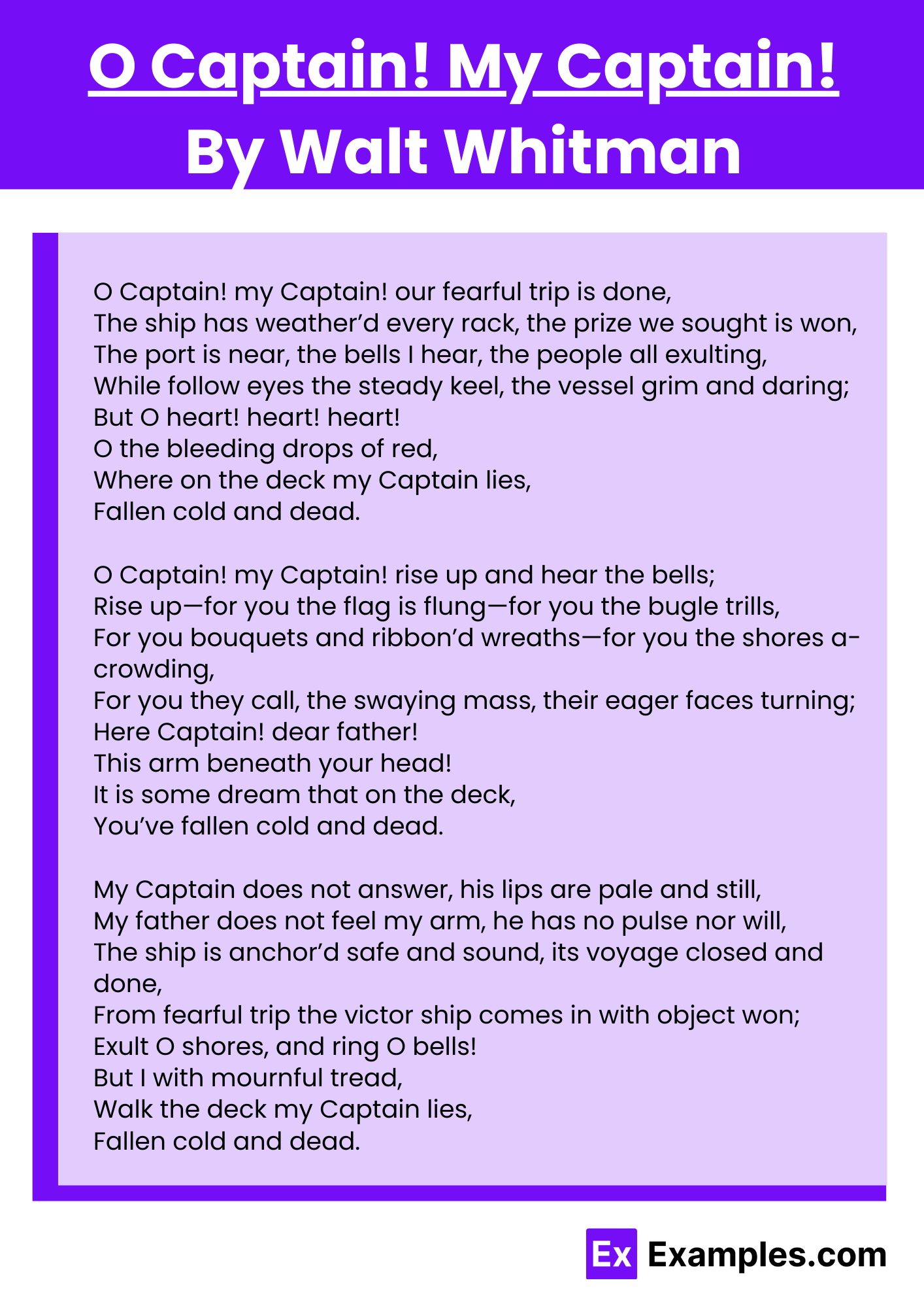 O Captain! My Captain! By Walt Whitman