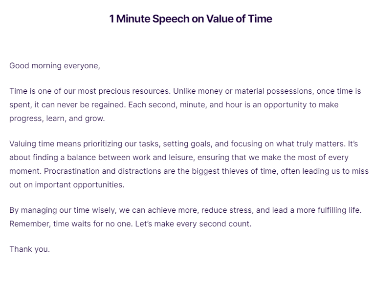 1 Minute Speech on Value of Time