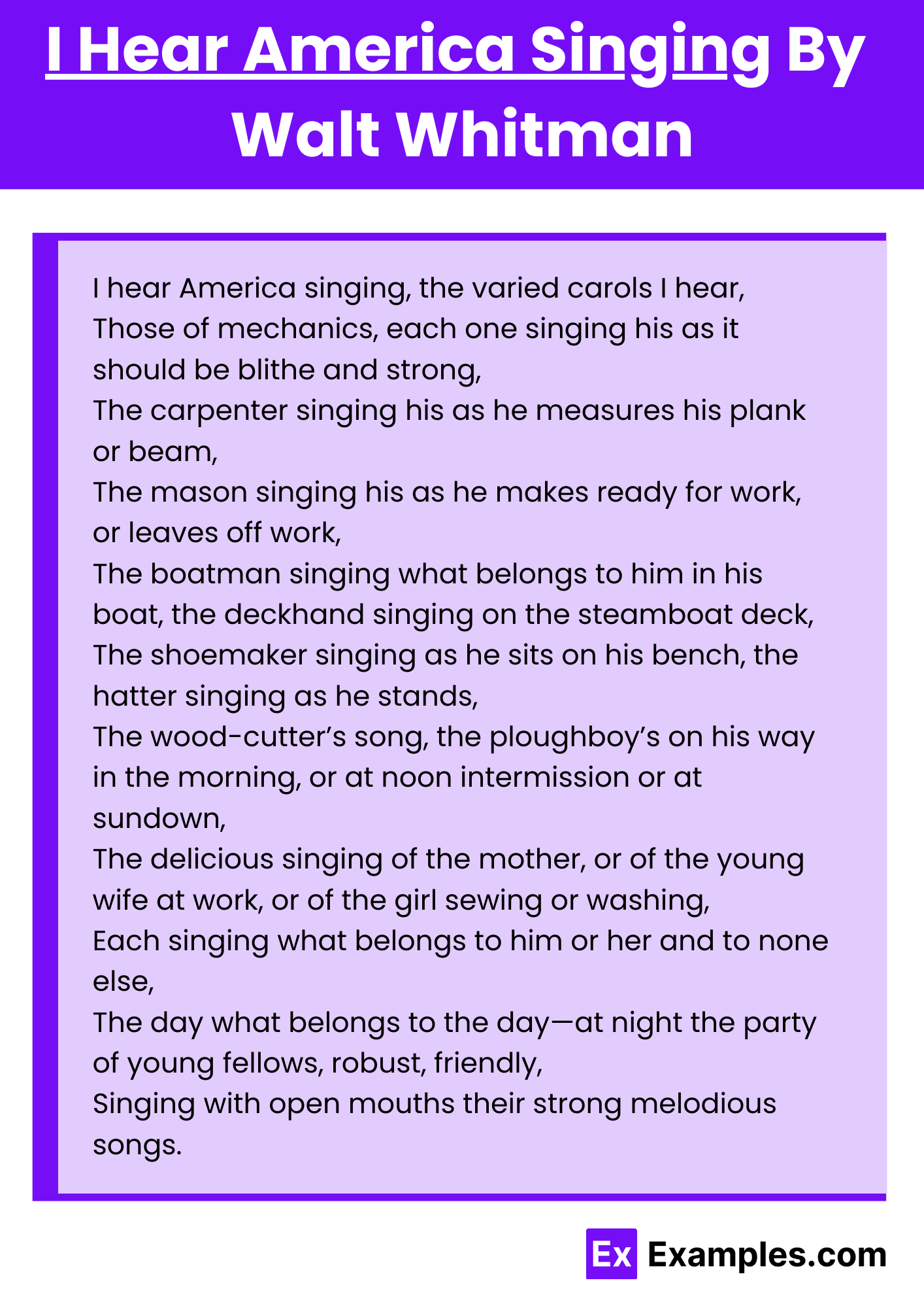 I Hear America Singing By Walt Whitman