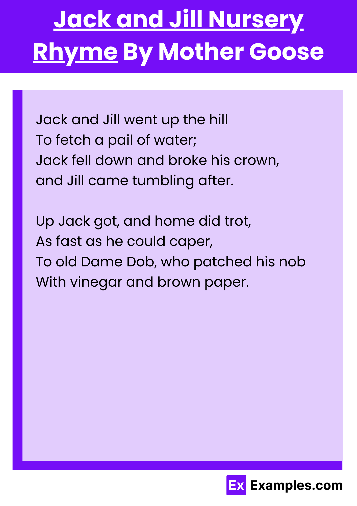 Jack and Jill Nursery Rhyme By Mother Goose