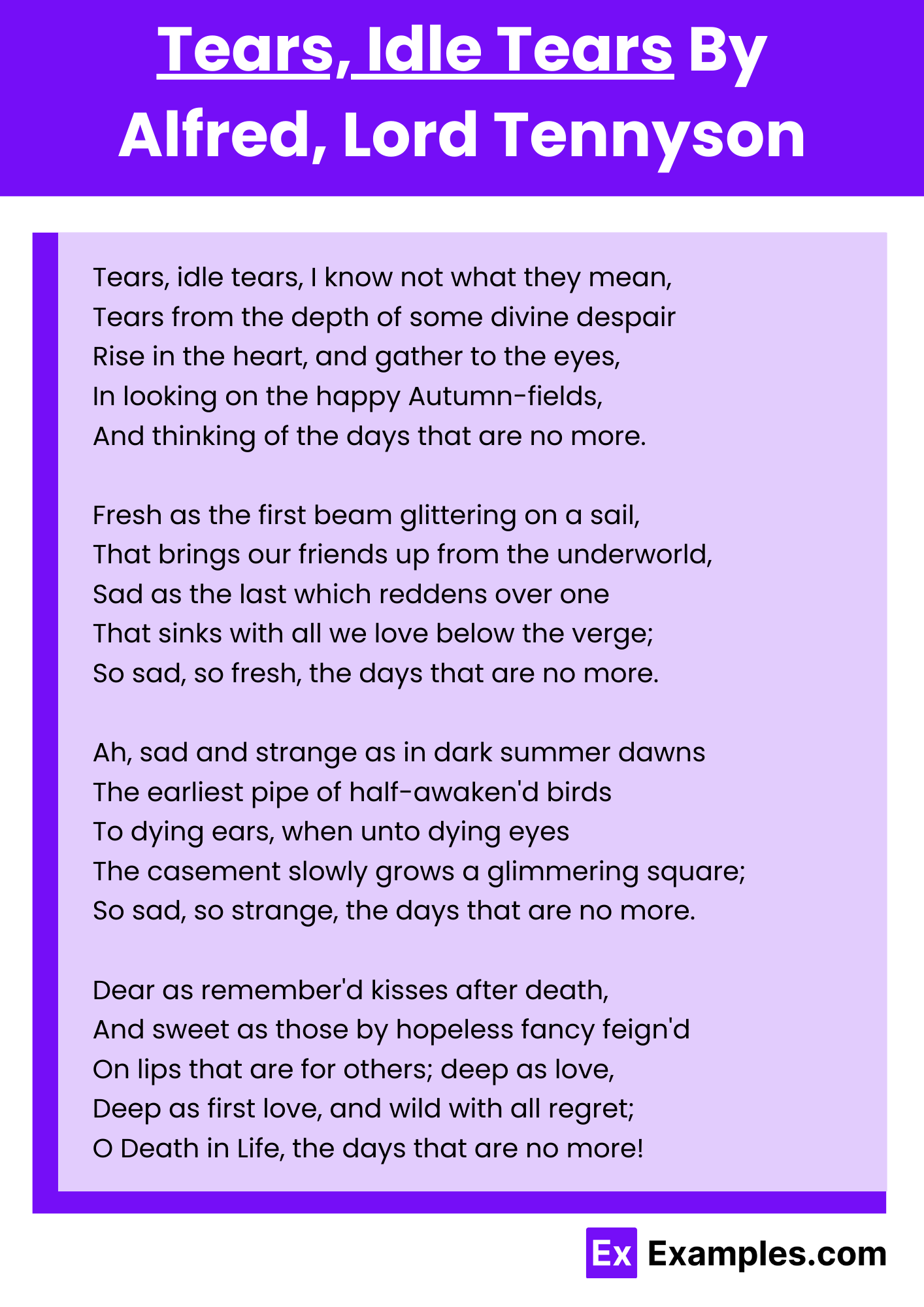 Tears, Idle Tears By Alfred, Lord Tennyson