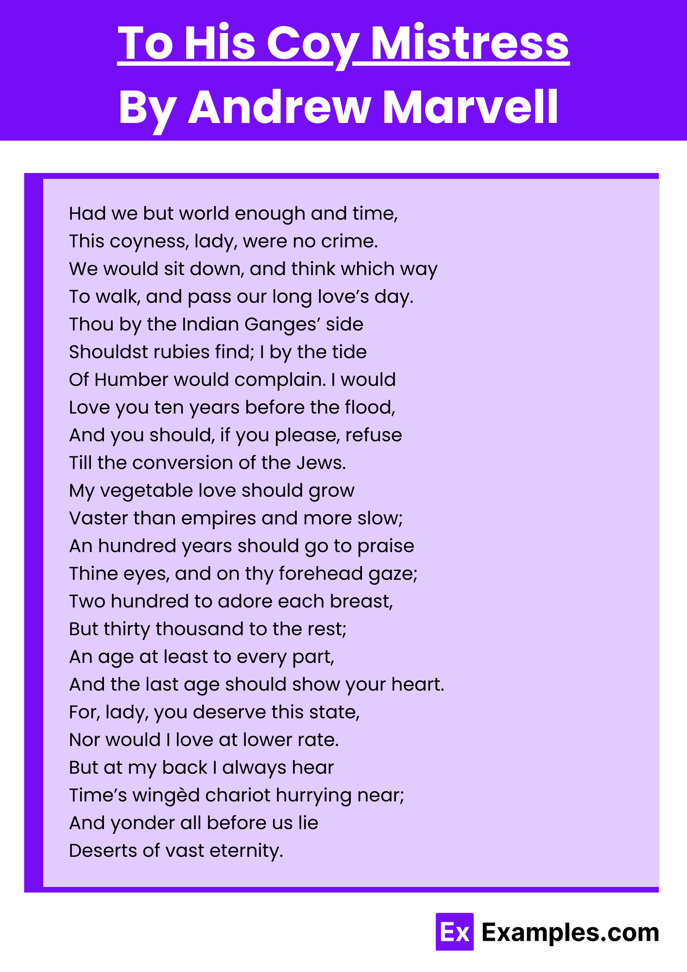 To His Coy Mistress By Andrew Marvell