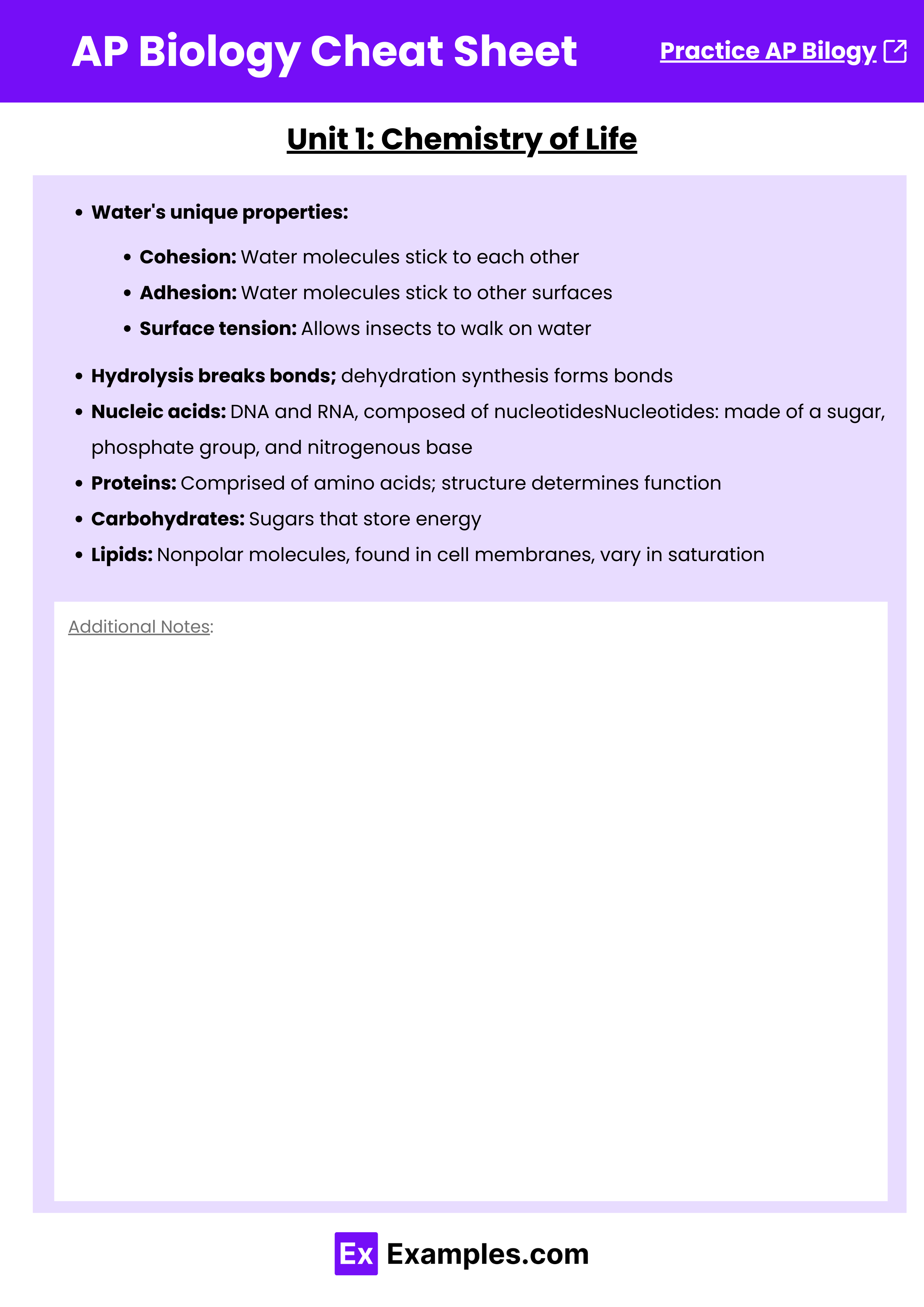 AP Biology Cheat Sheet - Unit 1