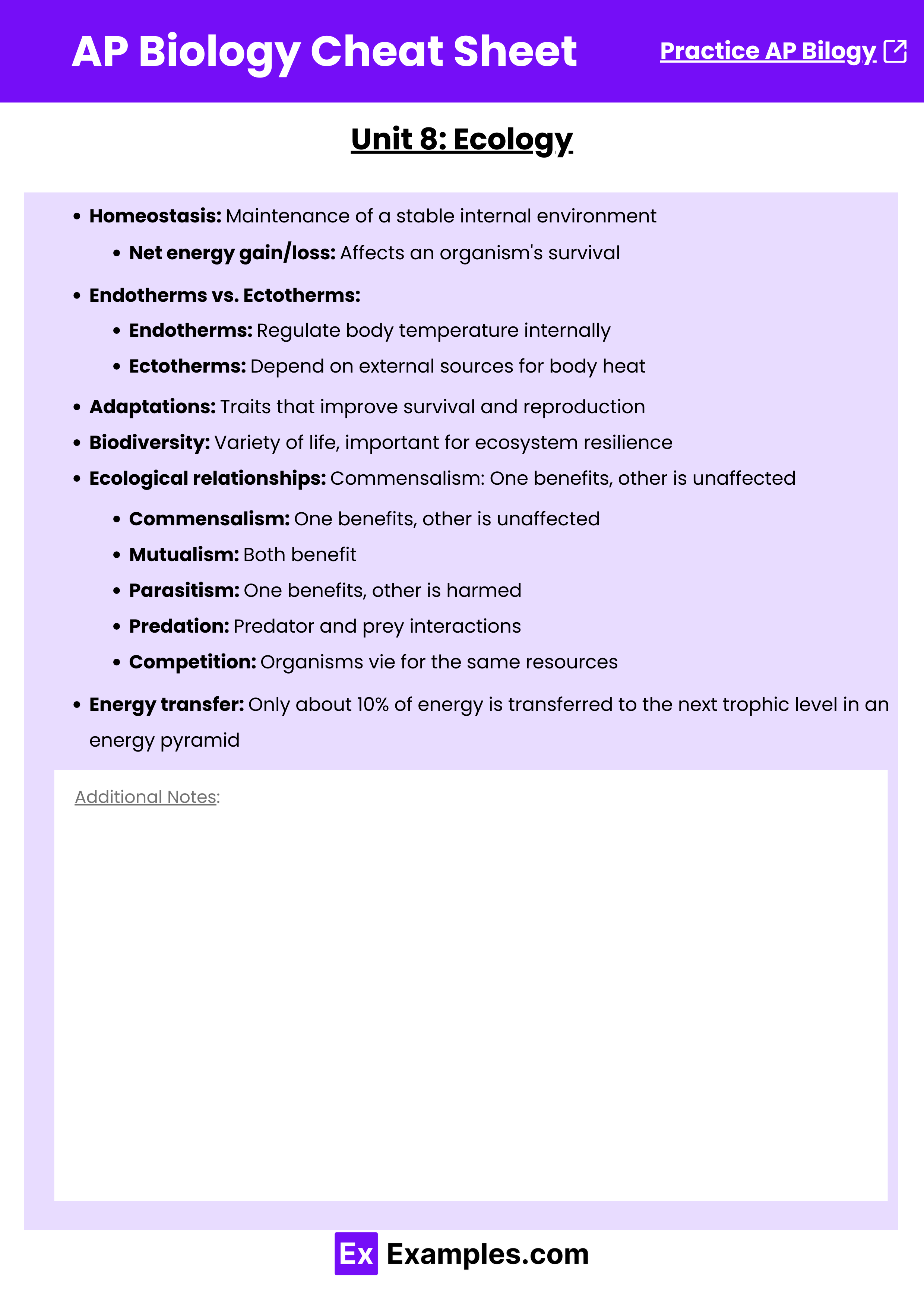 AP Biology Cheat Sheet - Unit 8