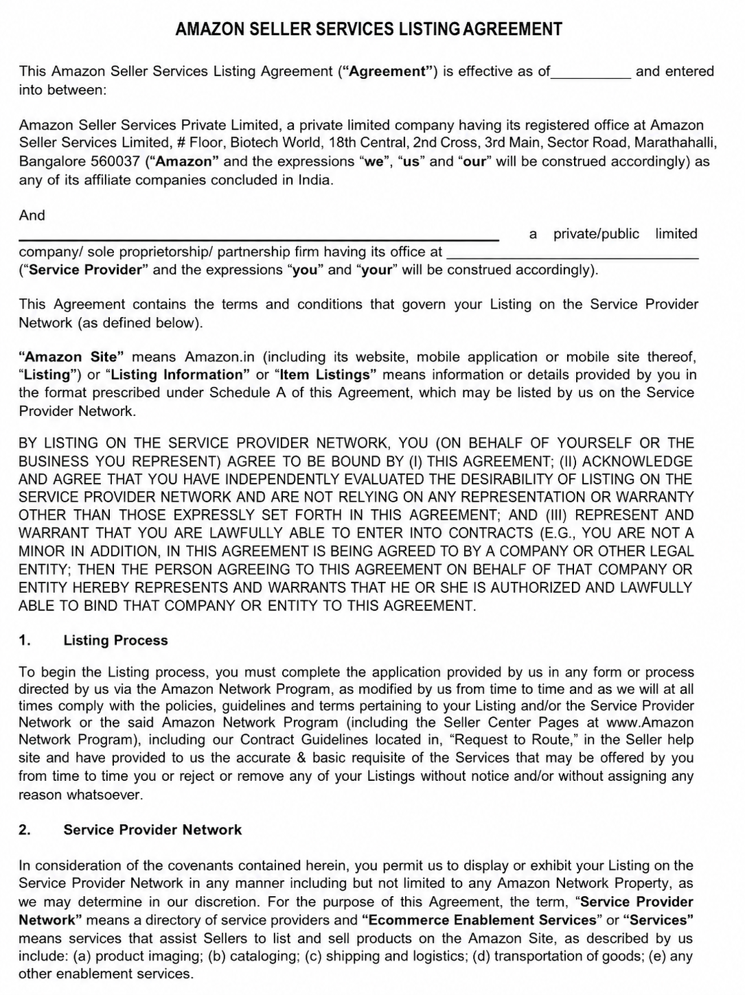 AMAZON SELLER SERVICES LISTINGS AGREEMENT - Free AI Contract Generator, 50+ Real Contract Examples