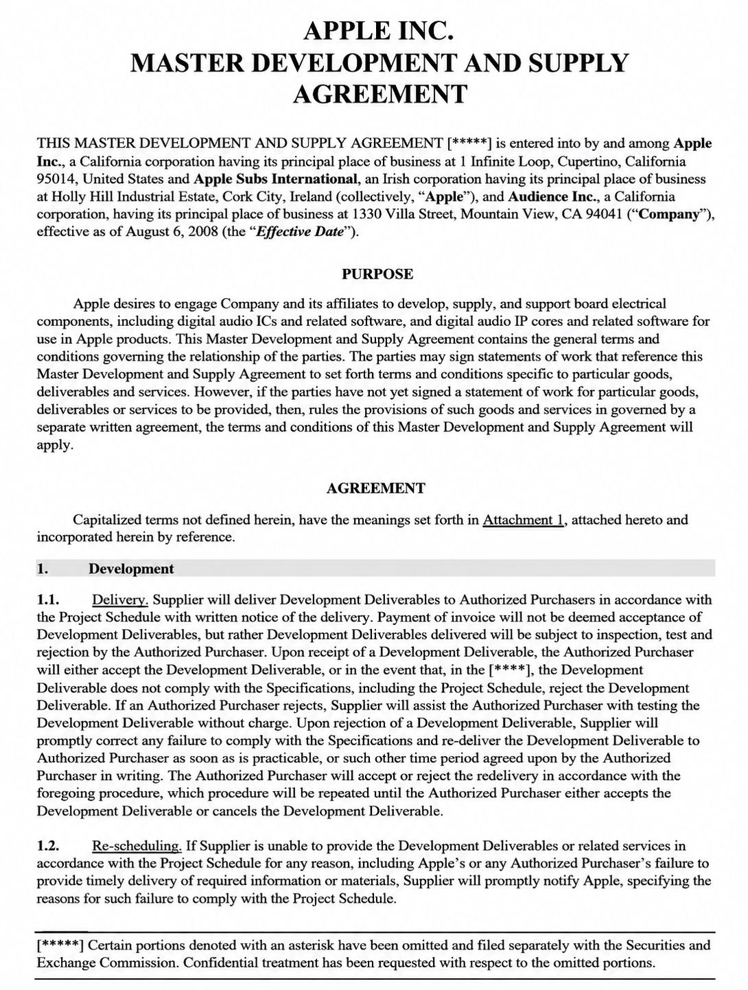 APPLE INC. MASTER DEVELOPMENT AND SUPPLY AGREEMENT - Free AI Contract Generator, 50+ Real Contract Examples