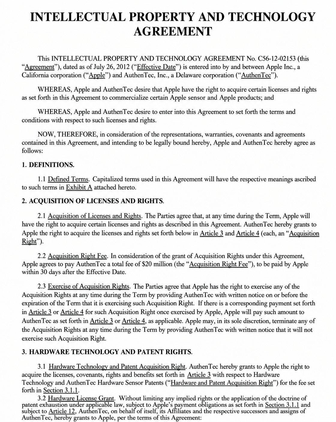 APPLE INTELLECTUAL PROPERTY AND TECHNOLOGY AGREEMENT - Free AI Contract Generator, 50+ Real Contract Examples