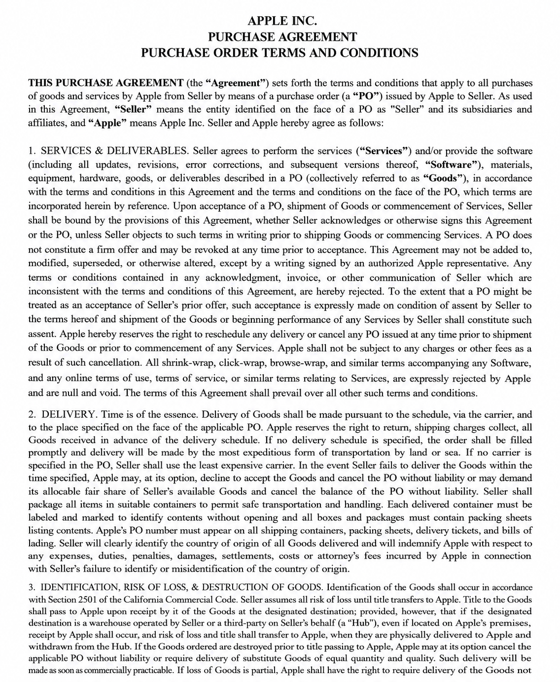 APPLE PURCHASE AGREEMENT - Free AI Contract Generator, 50+ Real Contract Examples
