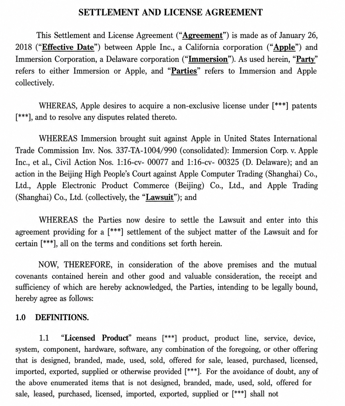 APPlE SETTLEMENT AND LICENSE AGREEMENT - Free AI Contract Generator, 50+ Real Contract Examples