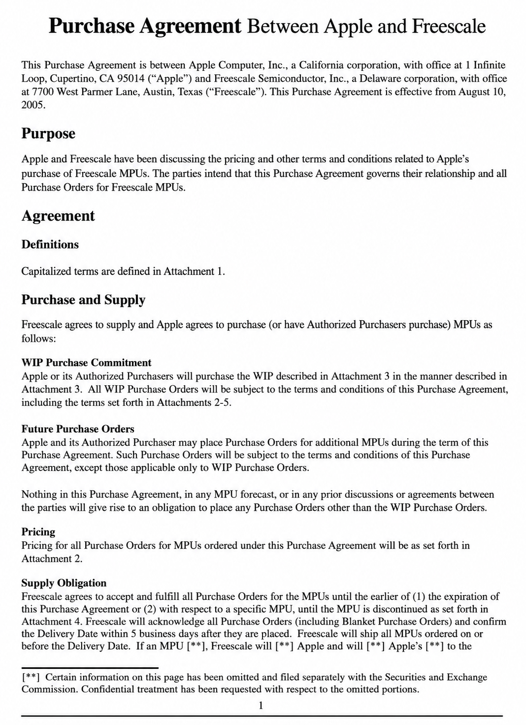 Apple Purchase Agreement Between Apple and Freescale - Free AI Contract Generator, 50+ Real Contract Examples
