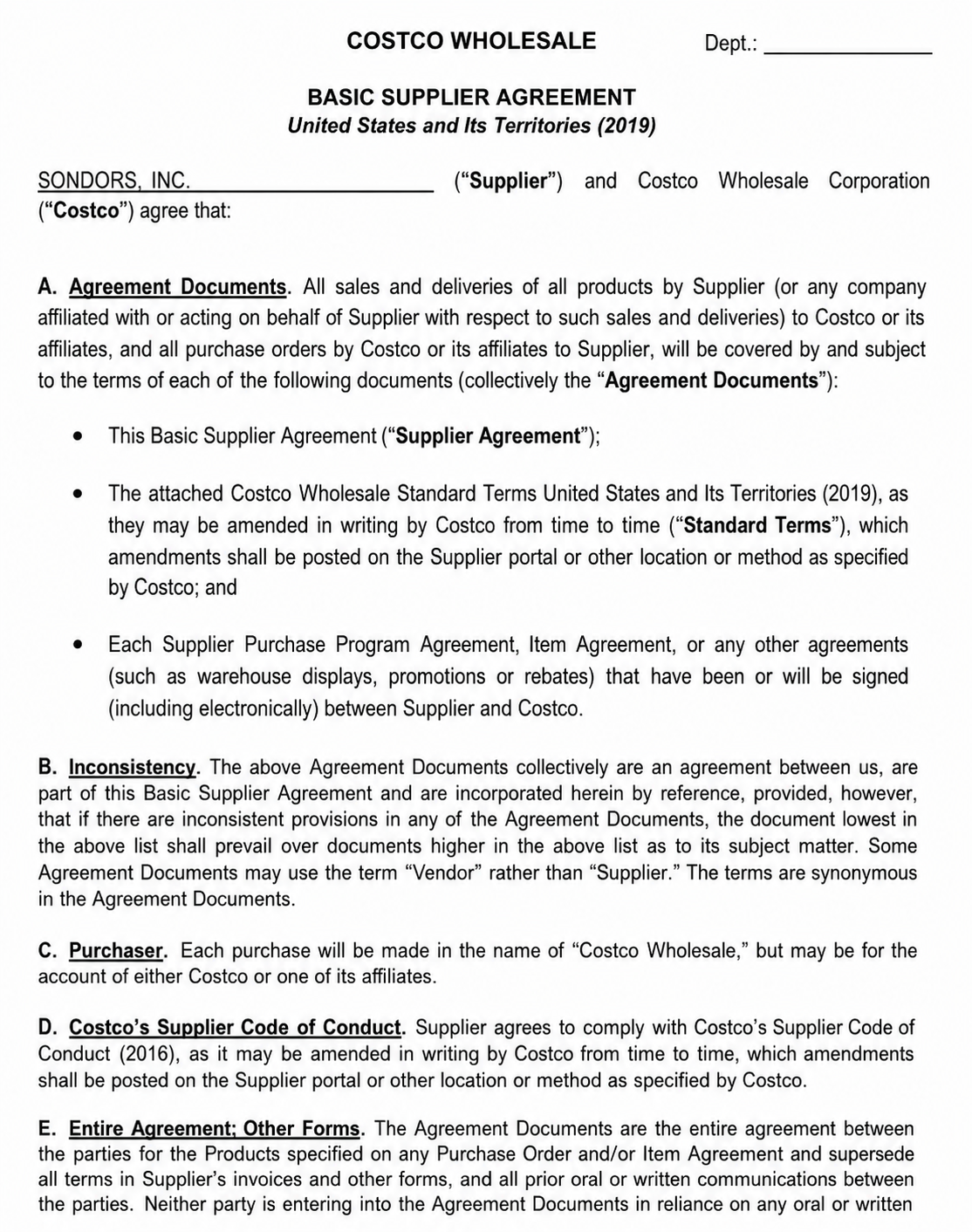 COSTCO WHOLESALE SUPPLIER AGREEMENT - Free AI Contract Generator, 50+ Real Contract Examples