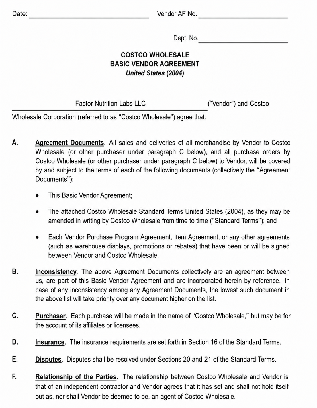COSTCO WHOLESALE VENDOR AGREEMENT - Free AI Contract Generator, 50+ Real Contract Examples