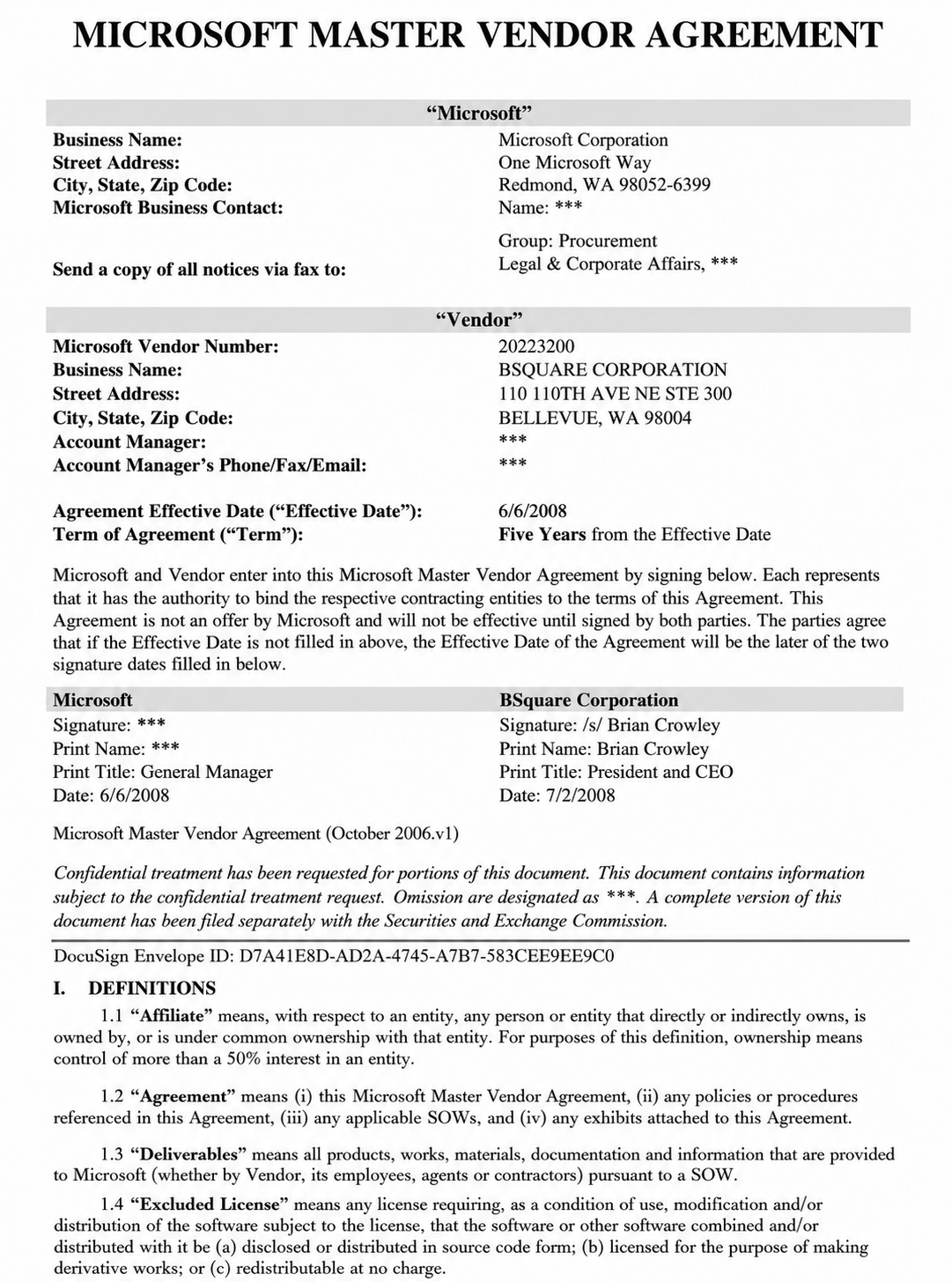 MICROSOFT MASTER VENDOR AGREEMENT - Free AI Contract Generator, 50+ Real Contract Examples