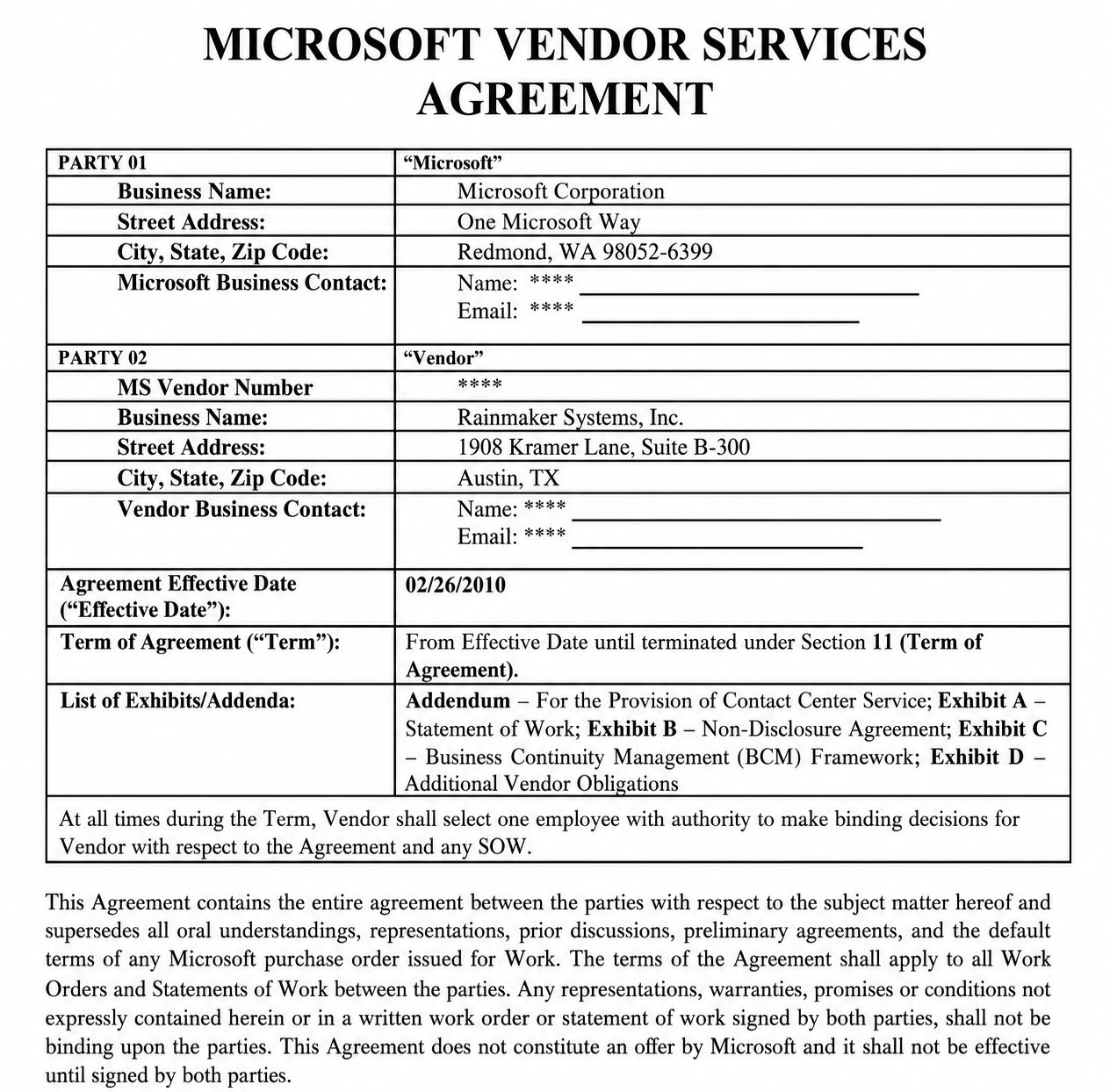 MICROSOFT VENDOR SERVICES AGREEMENT - Free AI Contract Generator, 50+ Real Contract Examples