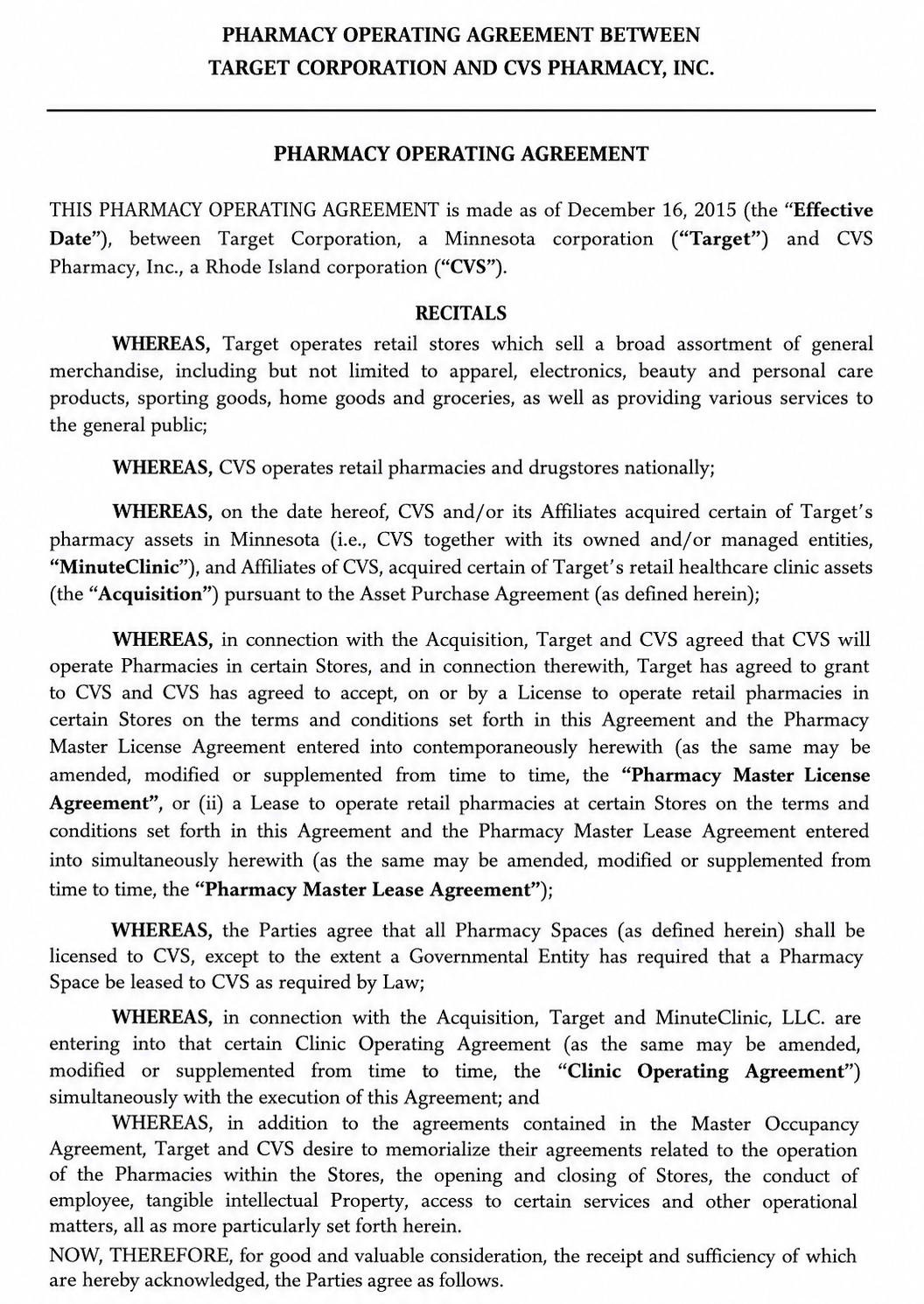 TARGET CORPORATION PHARMACY OPERATING AGREEMENT - Free AI Contract Generator, 50+ Real Contract Examples