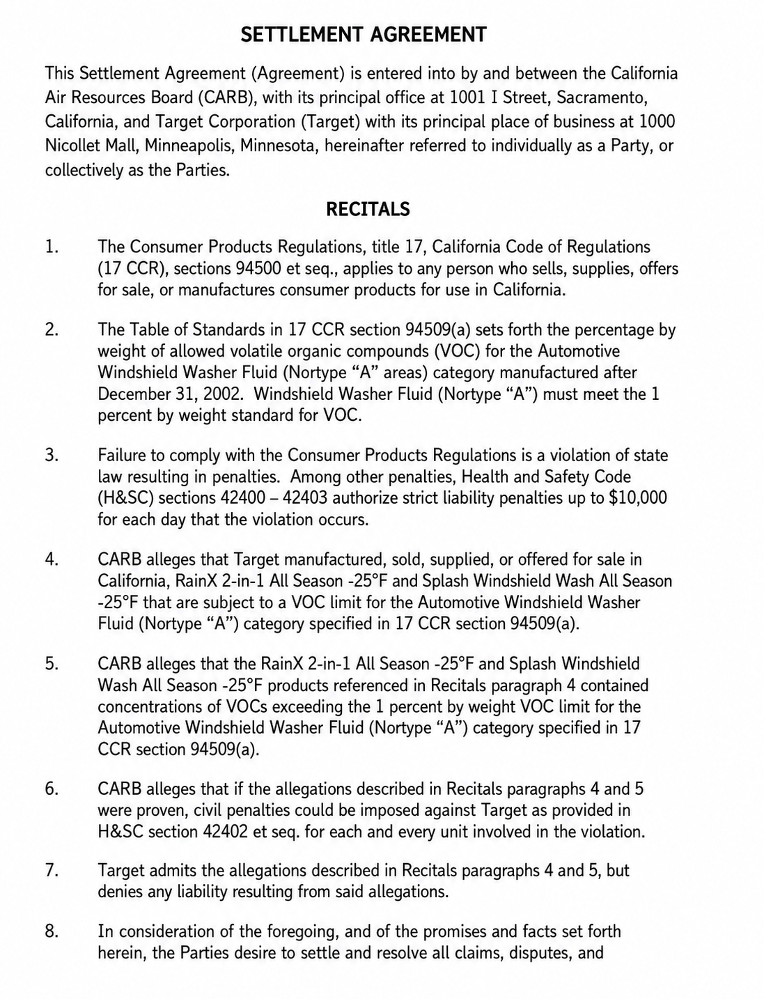TARGET CORPORATION SETTLEMENT AGREEMENT - Free AI Contract Generator, 50+ Real Contract Examples