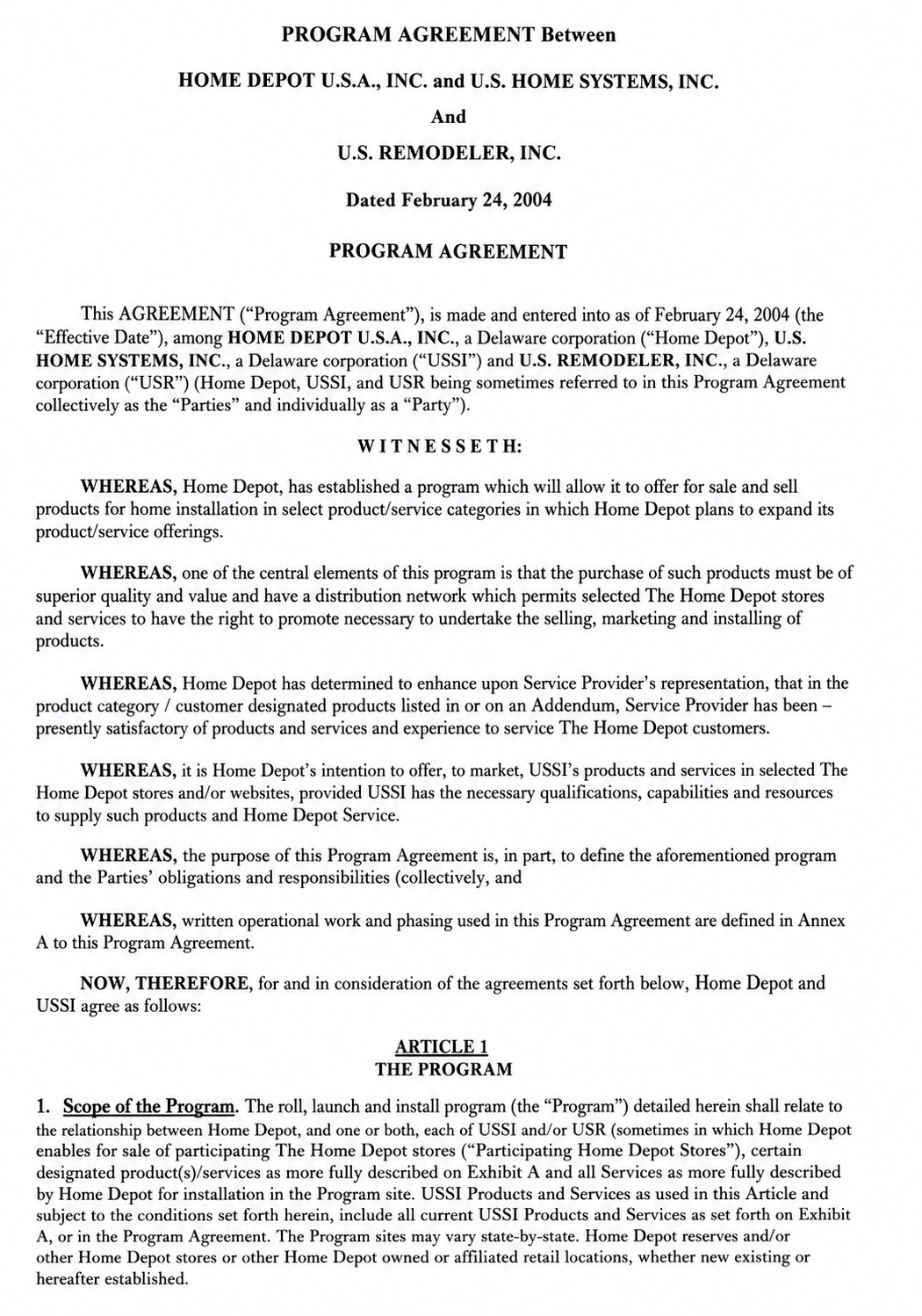 THE HOME DEPOT PROGRAM AGREEMENT - Free AI Contract Generator, 50+ Real Contract Examples