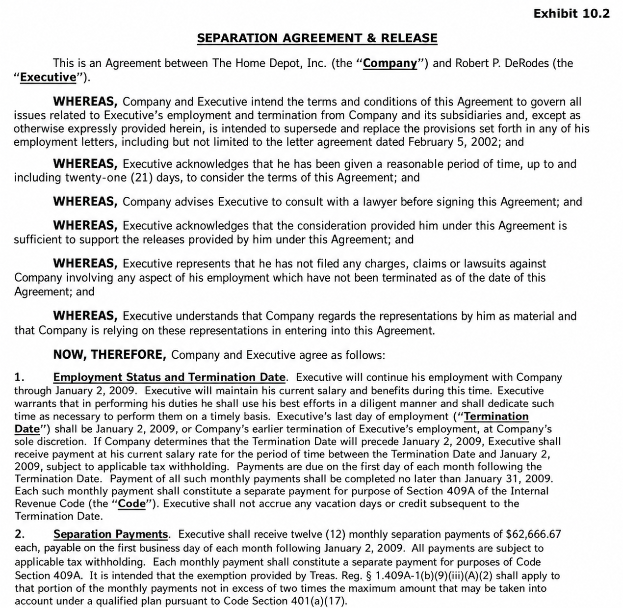 THE HOME DEPOT SEPARATION AGREEMENT - Free AI Contract Generator, 50+ Real Contract Examples