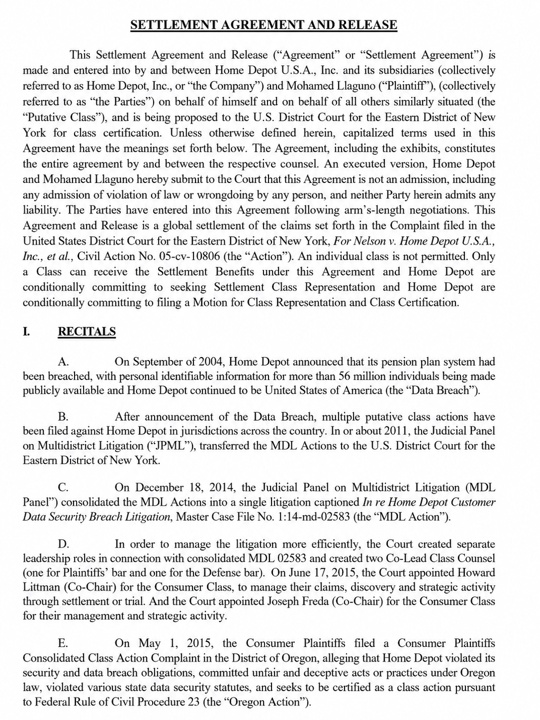 THE HOME DEPOT SETTLEMENT AGREEMENT - Free AI Contract Generator, 50+ Real Contract Examples