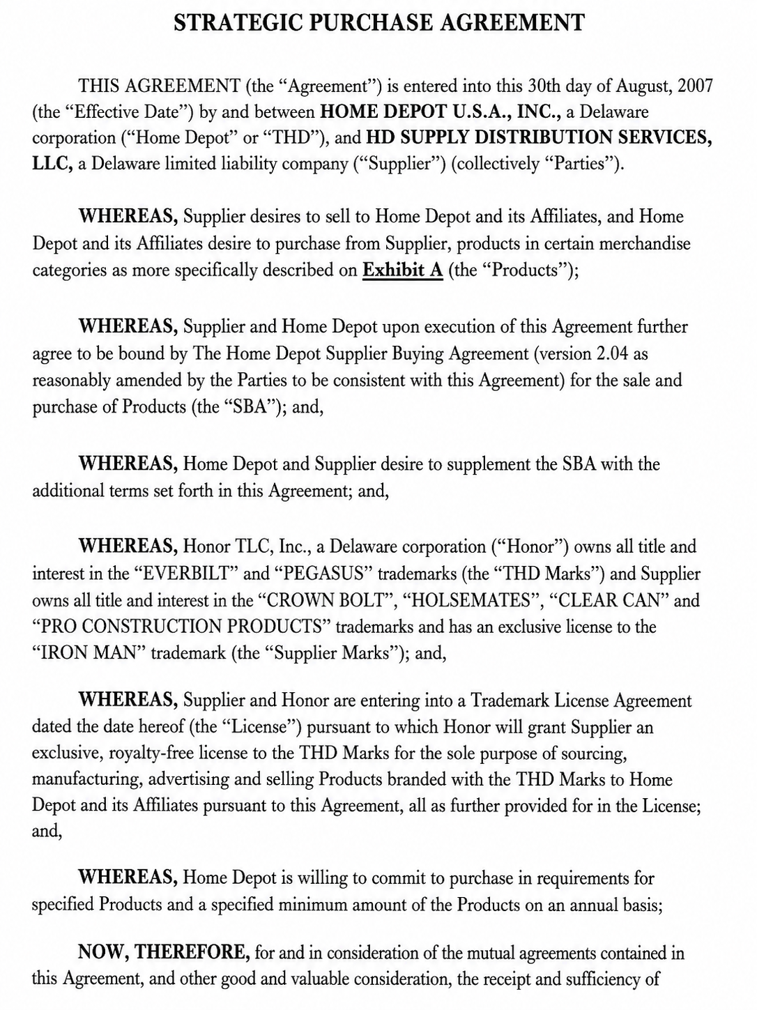 THE HOME DEPOT STRATEGIC PURCHASE AGREEMENT - Free AI Contract Generator, 50+ Real Contract Examples