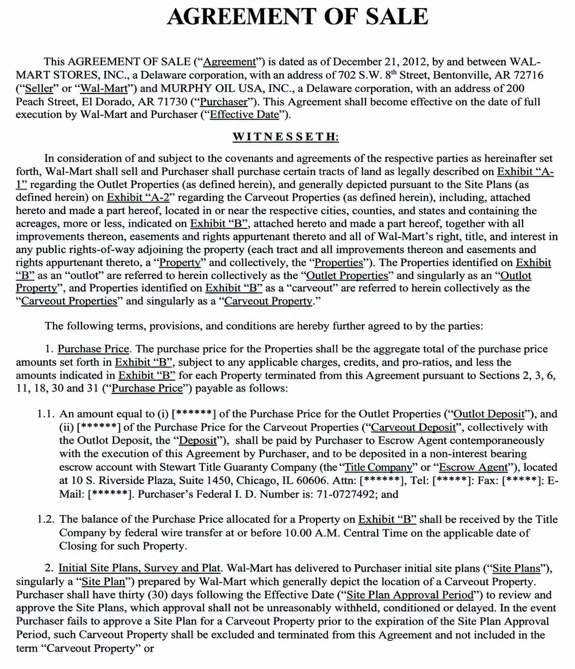 WALMART AGREEMENT OF SALE - Free AI Contract Generator, 50+ Real Contract Examples