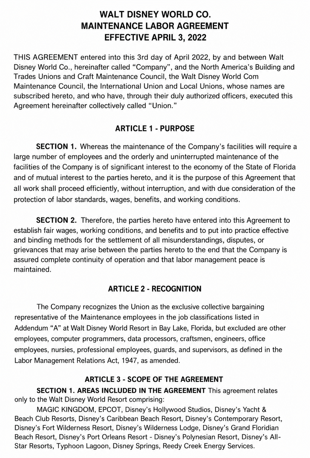 AGREEMENT BETWEEN WALT DISNEY WORLD CO. AND NORTH AMERICA’S BUILDING AND TRADES UNION - Free AI Contract Generator, 50+ Real Contract Examples