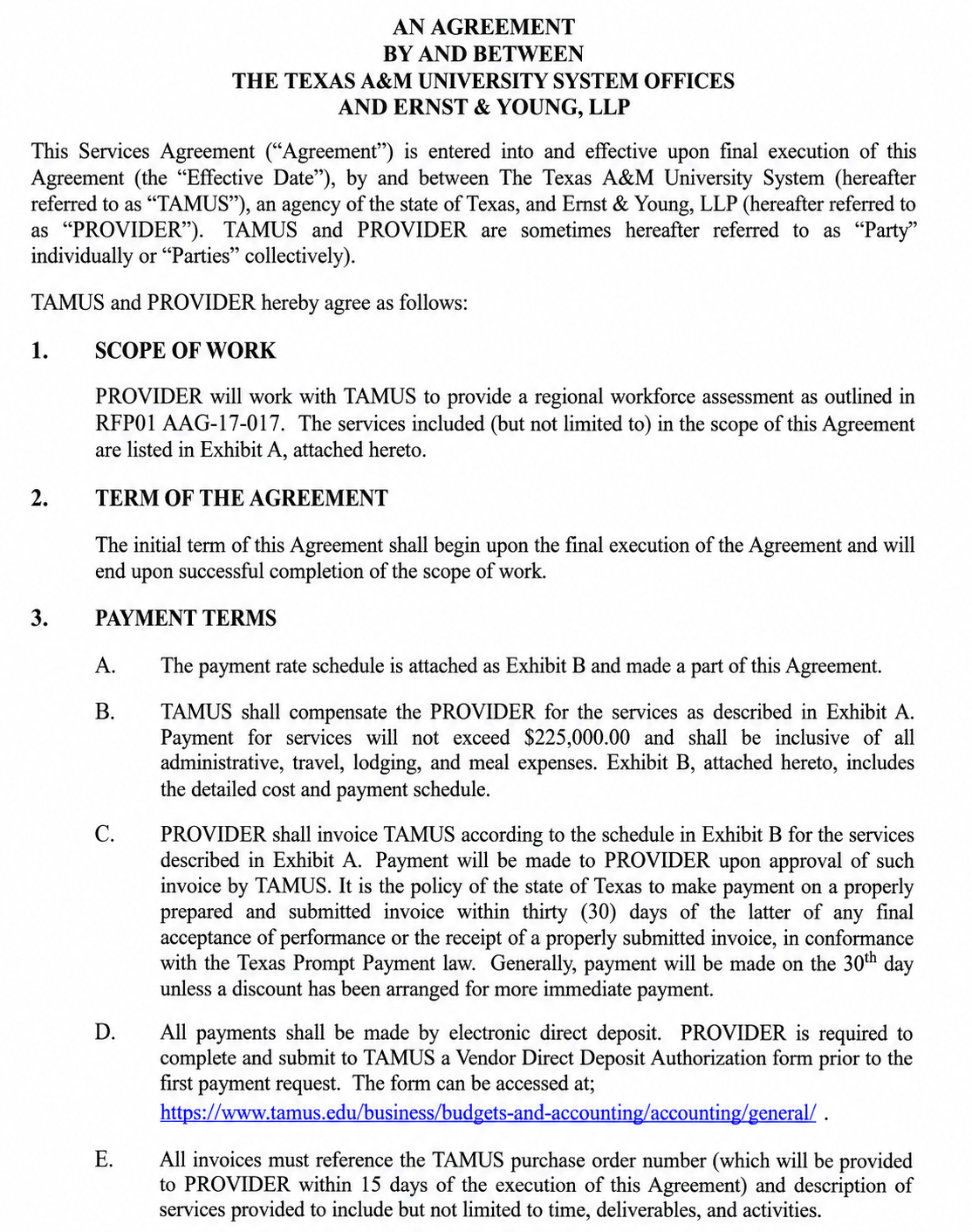 AGREEMENT BETWEEN THE TEXAS A&M UNIVERSITY SYSTEM OFFICES AND ERNST & YOUNG - Free AI Contract Generator, 50+ Real Contract Examples