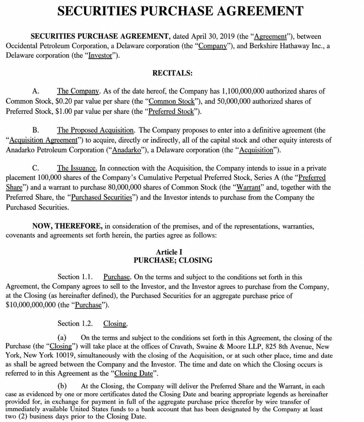 Berkshire Hathaway SECURITIES PURCHASE AGREEMENT - Free AI Contract Generator, 50+ Real Contract Examples