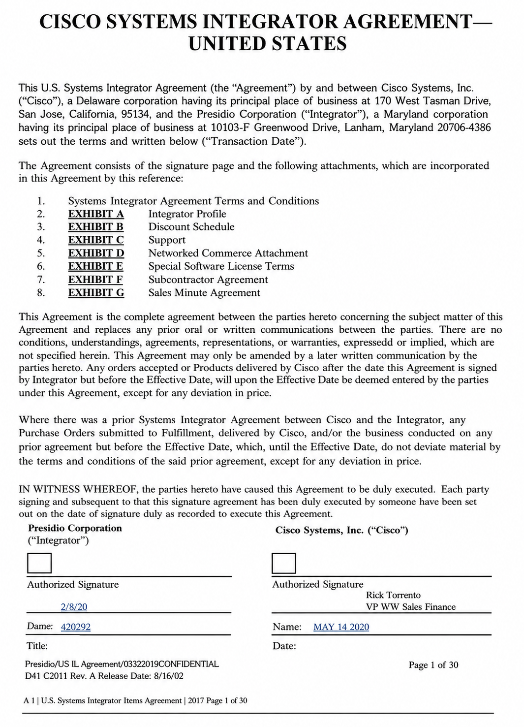 CISCO SYSTEMS INTEGRATOR AGREEMENT - Free AI Contract Generator, 50+ Real Contract Examples
