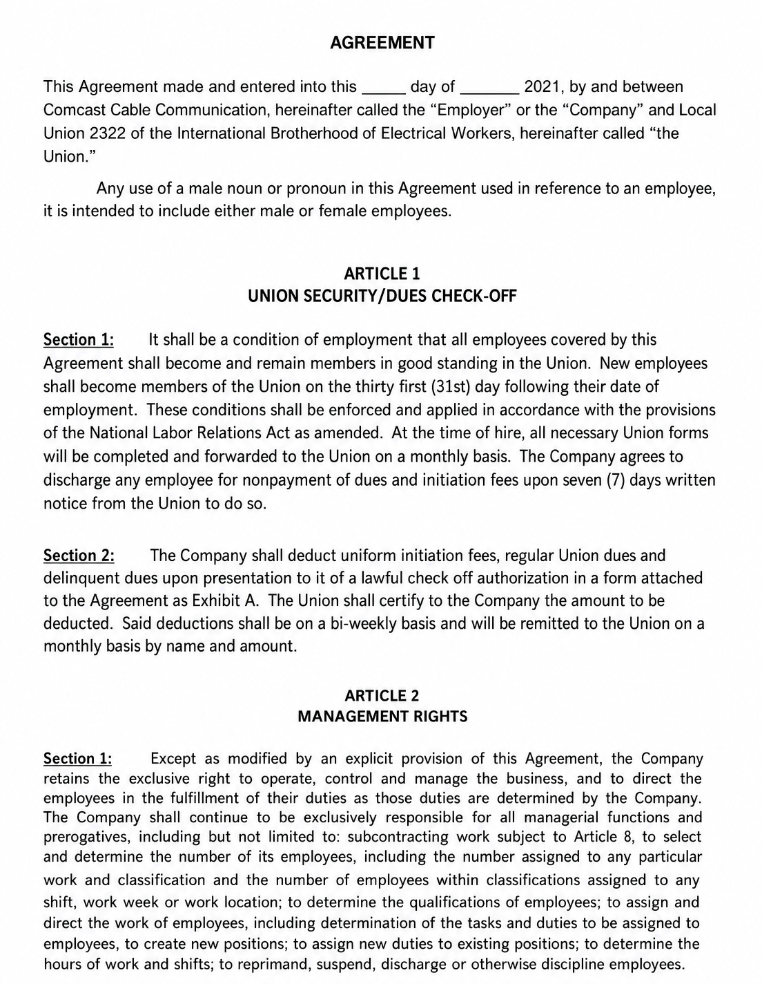 COMCAST COLLECTIVE BARGAINING AGREEMENT - Free AI Contract Generator, 50+ Real Contract Examples