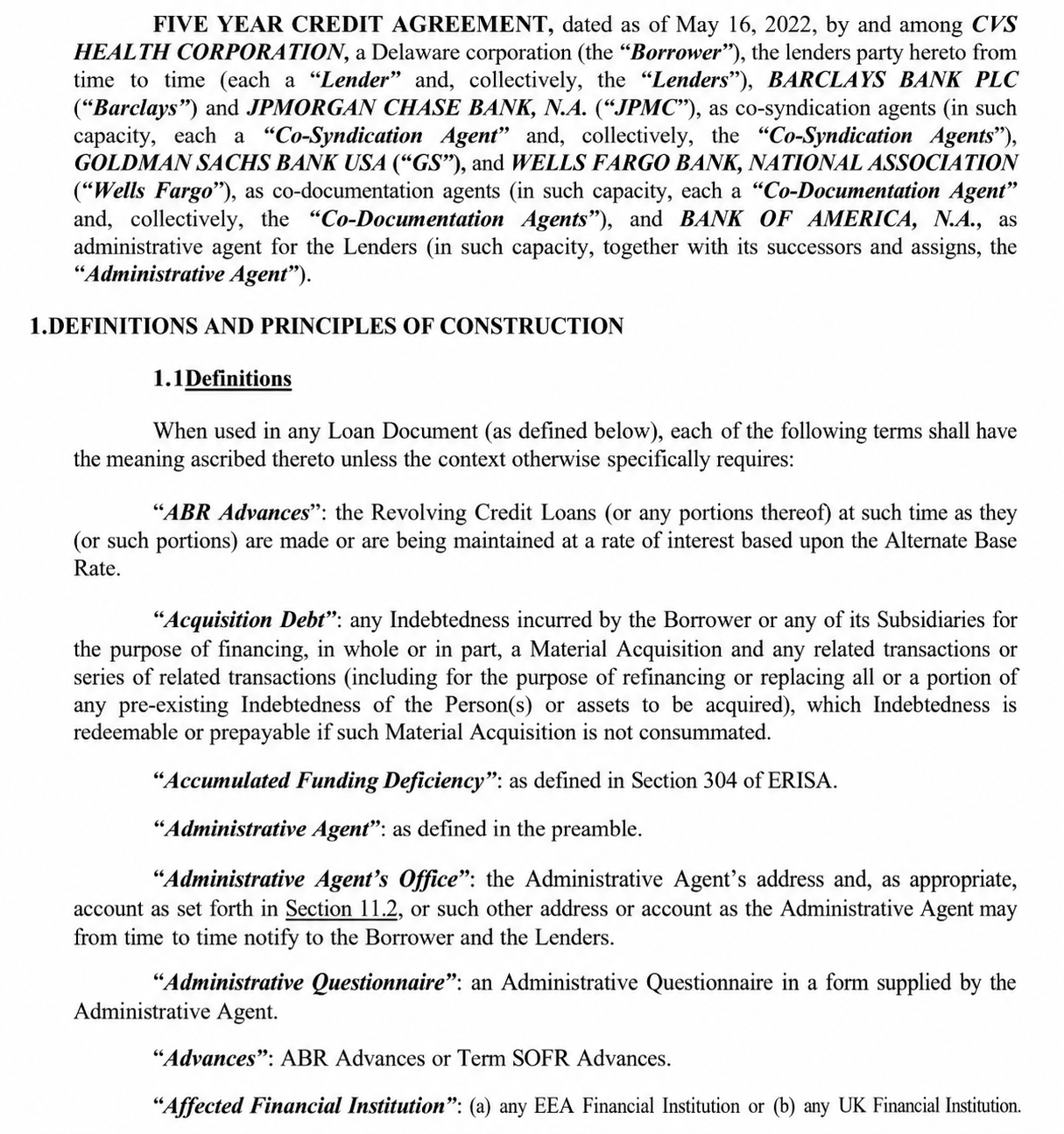 CVS HEALTH CORPORATION FIVE YEAR CREDIT AGREEMENT - Free AI Contract Generator, 50+ Real Contract Examples