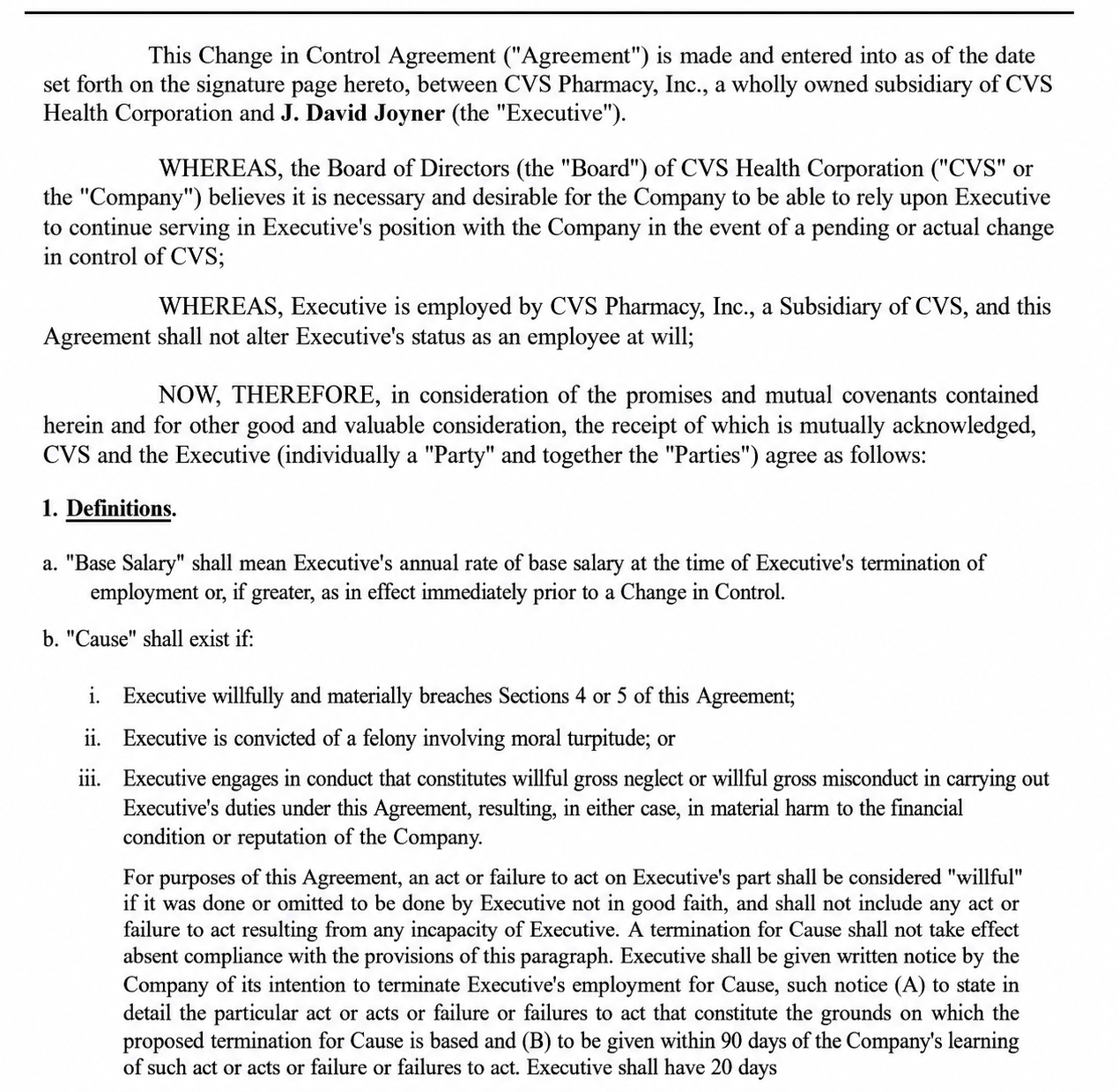CVS Health Corporation Change in Control Agreement - Free AI Contract Generator, 50+ Real Contract Examples