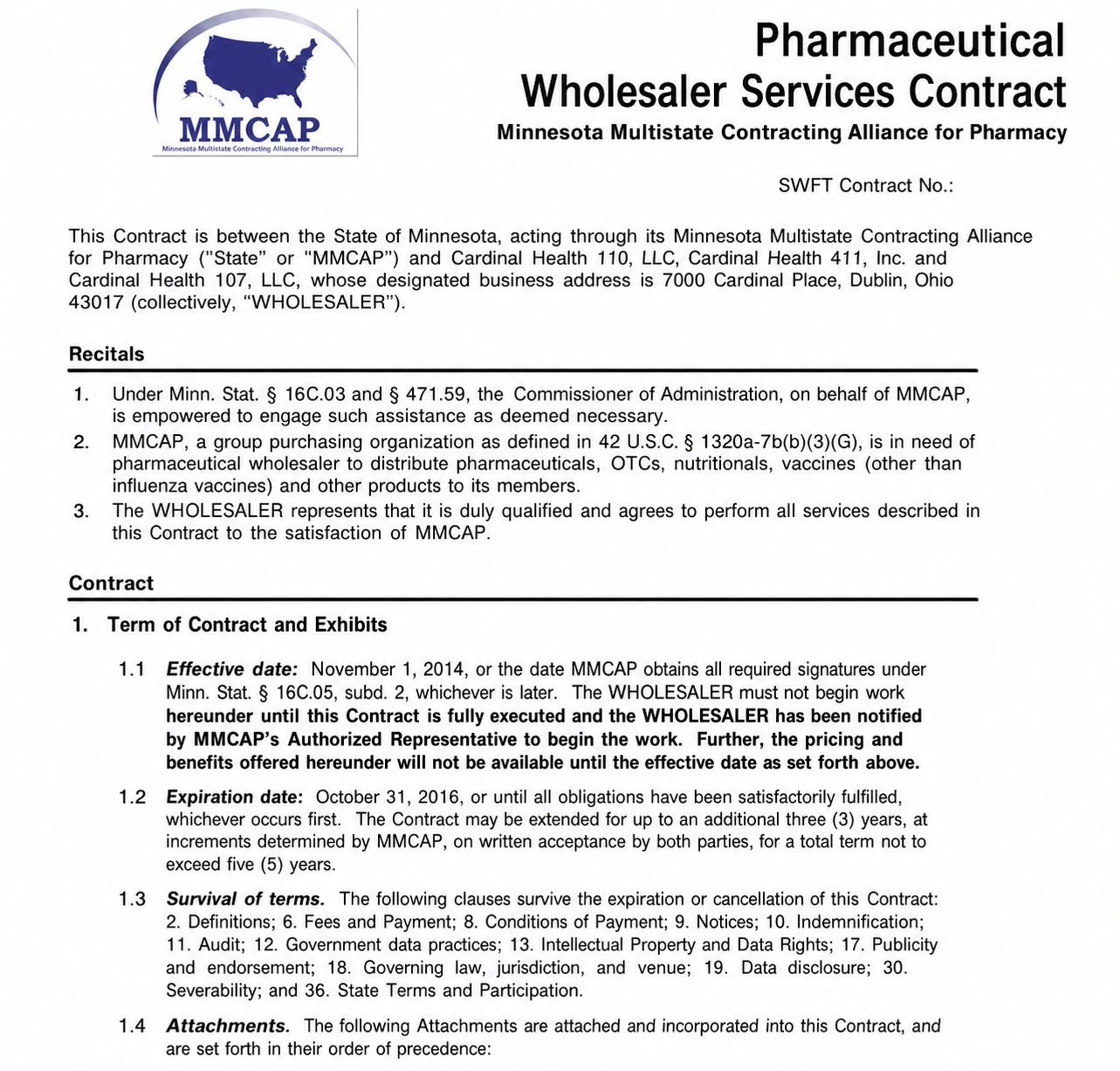 Cardinal Health Pharmaceutical Wholesaler Services Contract - Free AI Contract Generator, 50+ Real Contract Examples