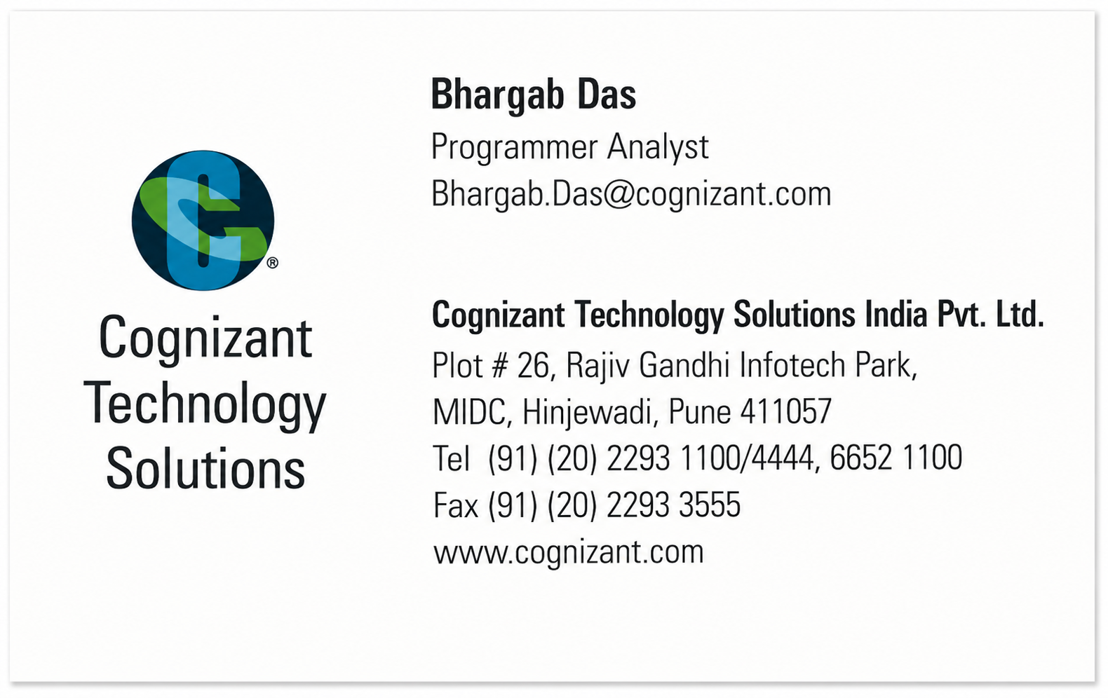 Cognizant Company Business Card Example - Business Card Examples, AI Business Card Generator