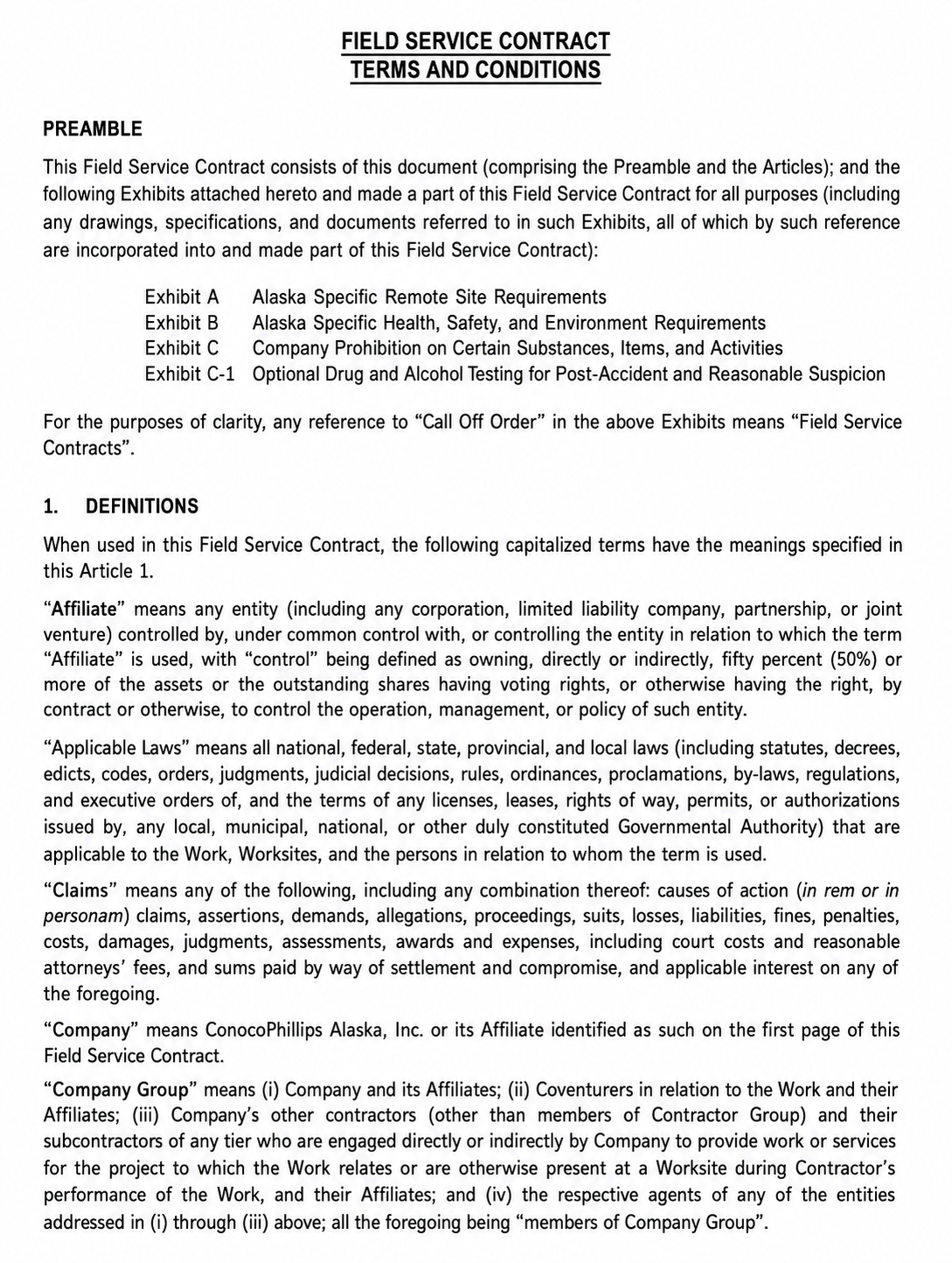 ConocoPhillips Field Service Contract - Free AI Contract Generator, 50+ Real Contract Examples