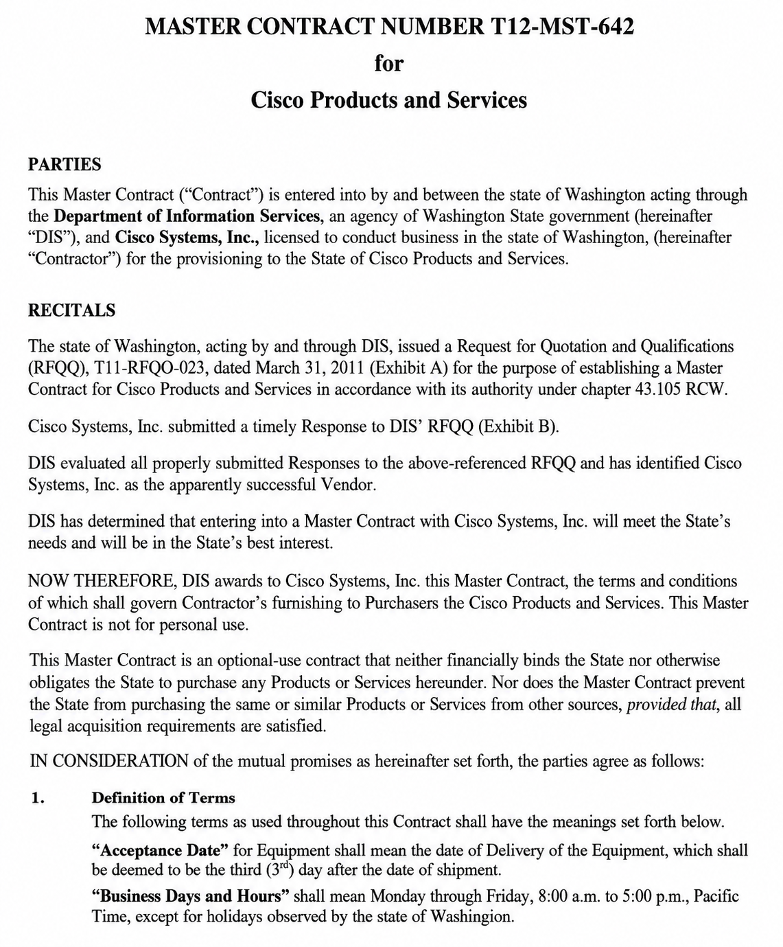 Contract Between Department of Information Services and Cisco Systems, Inc. - Free AI Contract Generator, 50+ Real Contract Examples