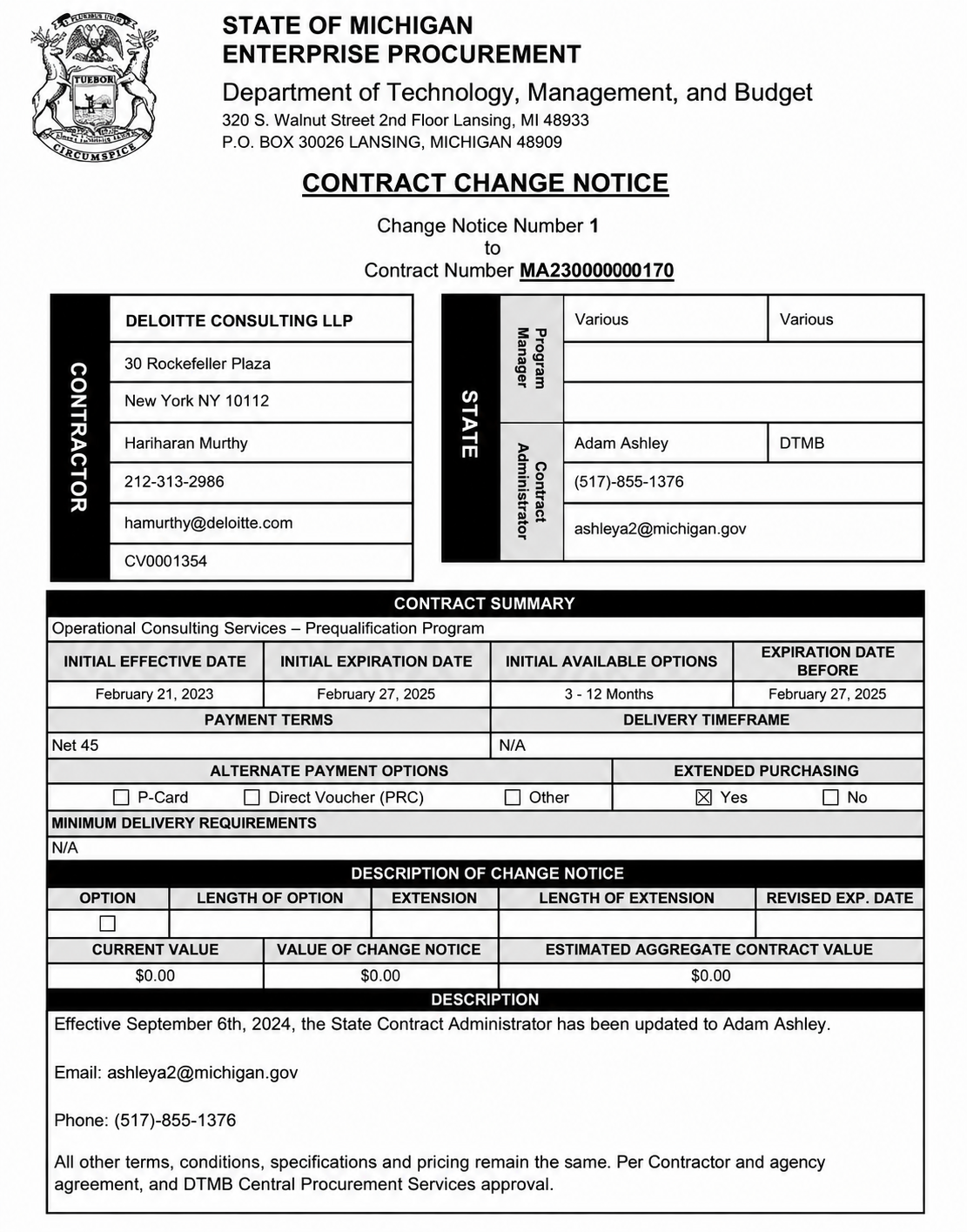 DELOITTE CONTRACT CHANGE NOTICE - Free AI Contract Generator, 50+ Real Contract Examples