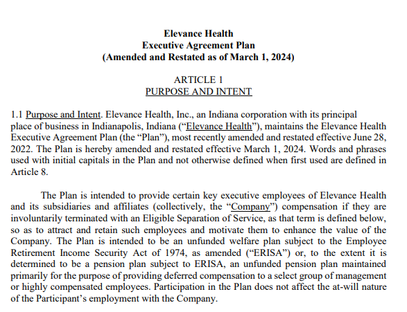 Elevance Health EXECUTIVE AGREEMENT PLAN - Free AI Contract Generator, 50+ Real Contract Examples