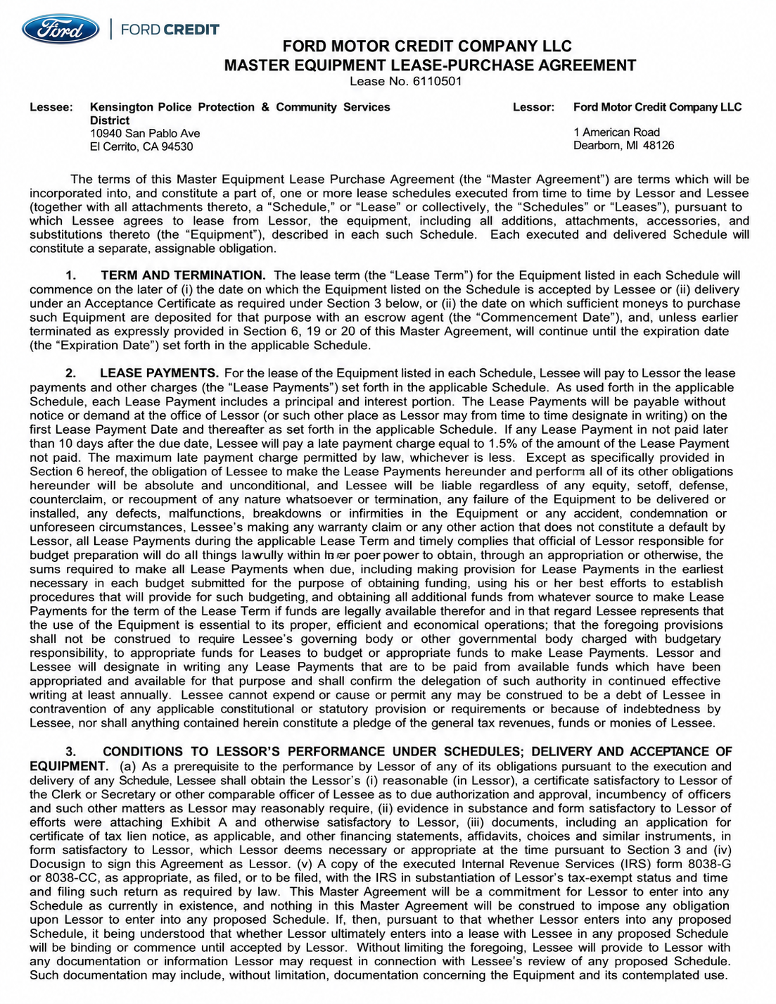 Ford Motor Company MASTER EQUIPMENT LEASE PURCHASE AGREEMENT - Free AI Contract Generator, 50+ Real Contract Examples