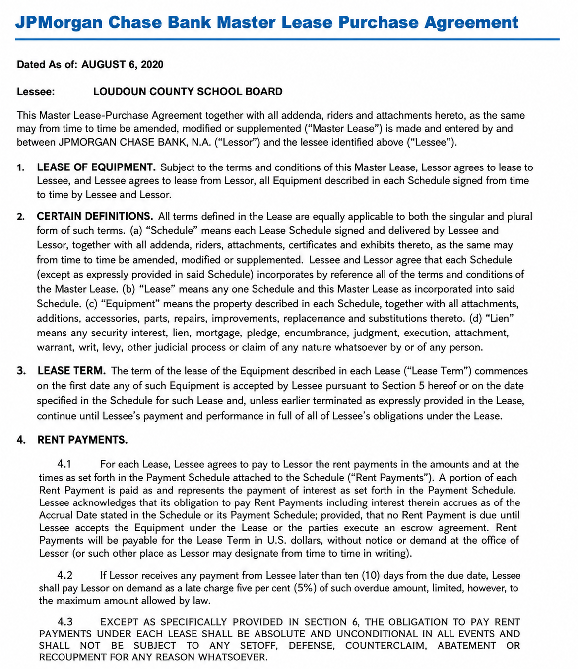 JPMorgan Chase Bank Master Lease Purchase Agreement - Free AI Contract Generator, 50+ Real Contract Examples