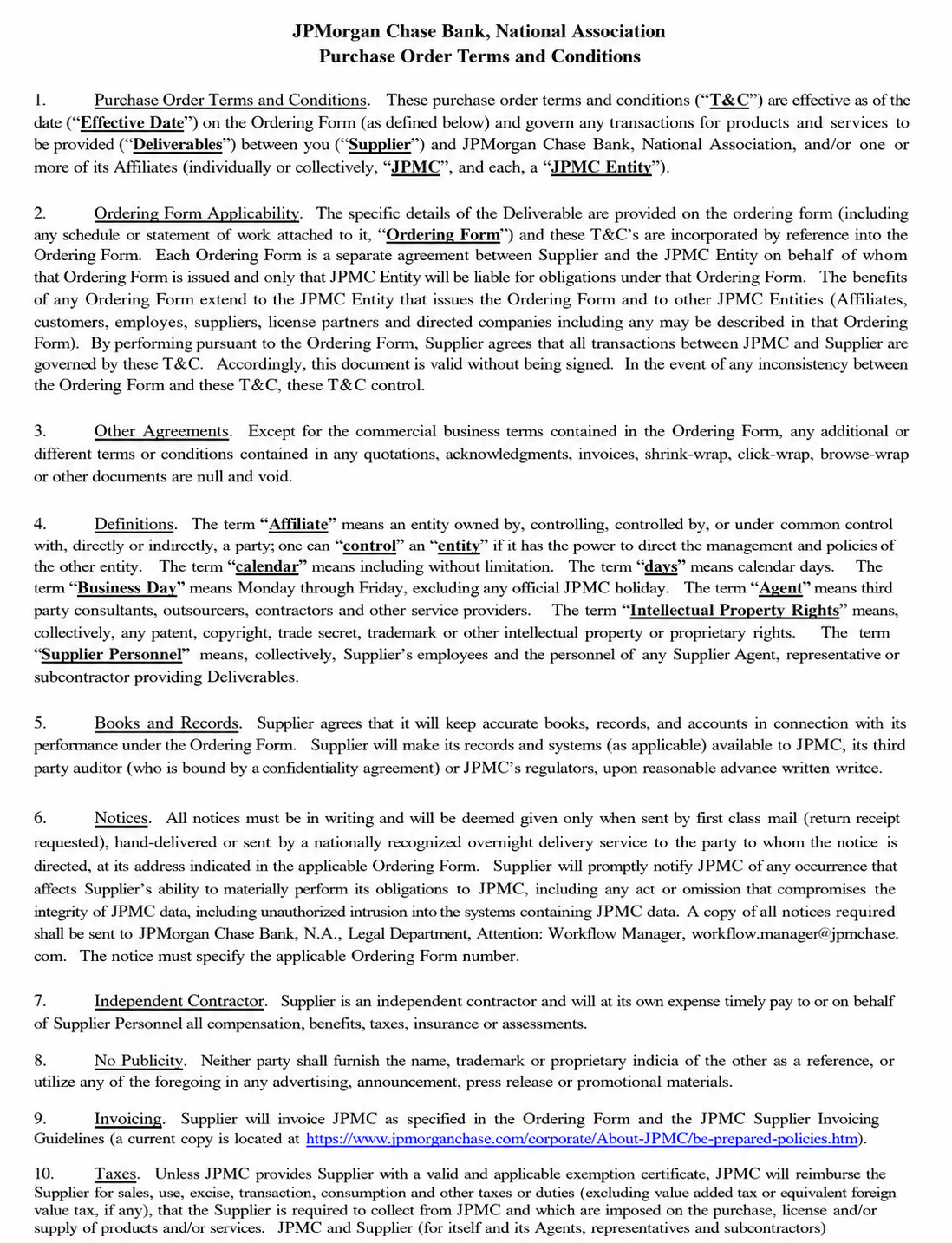 JPMorgan Chase & Co Purchase Order - Free AI Contract Generator, 50+ Real Contract Examples