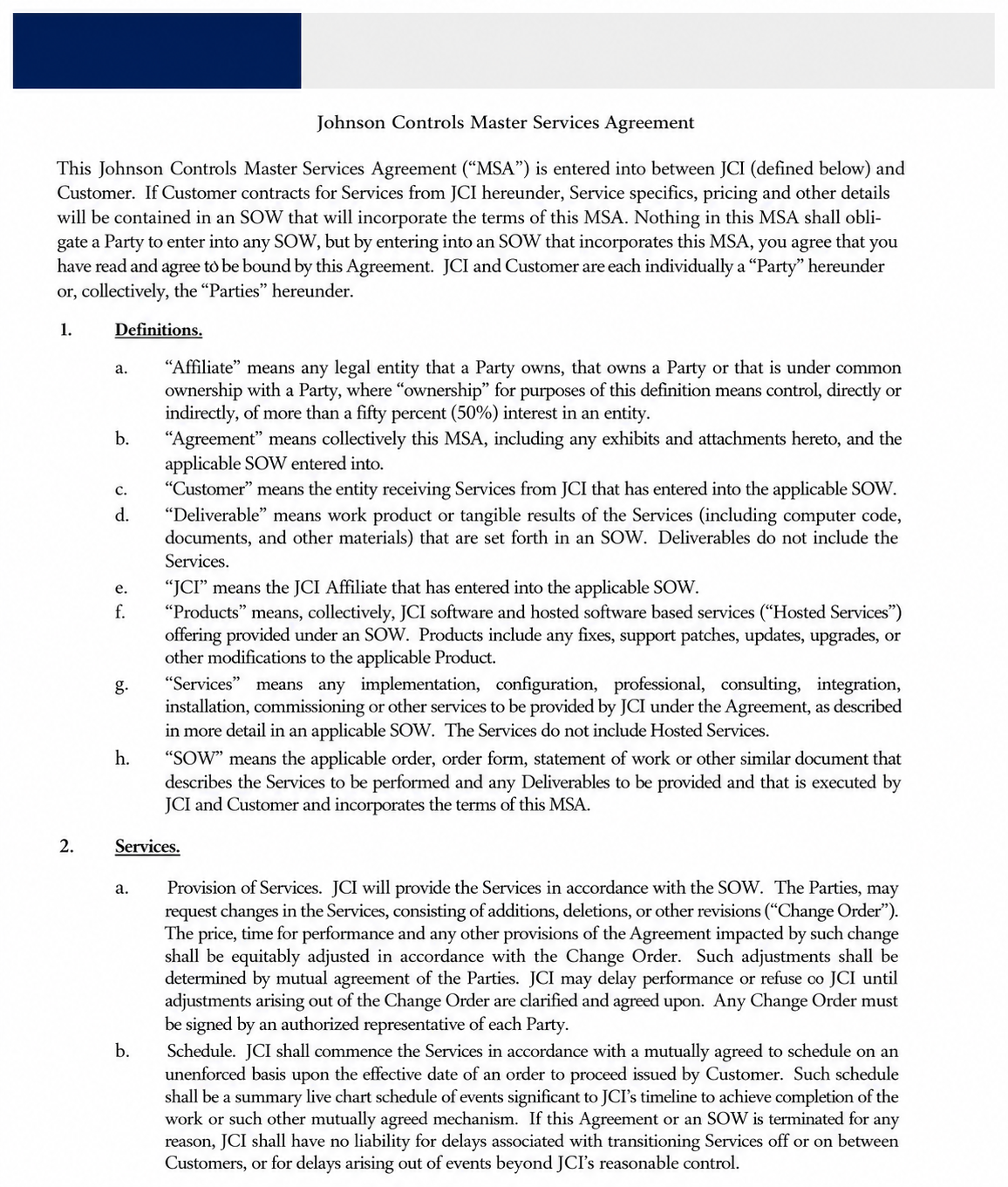 Johnson Controls Master Services Agreement - Free AI Contract Generator, 50+ Real Contract Examples